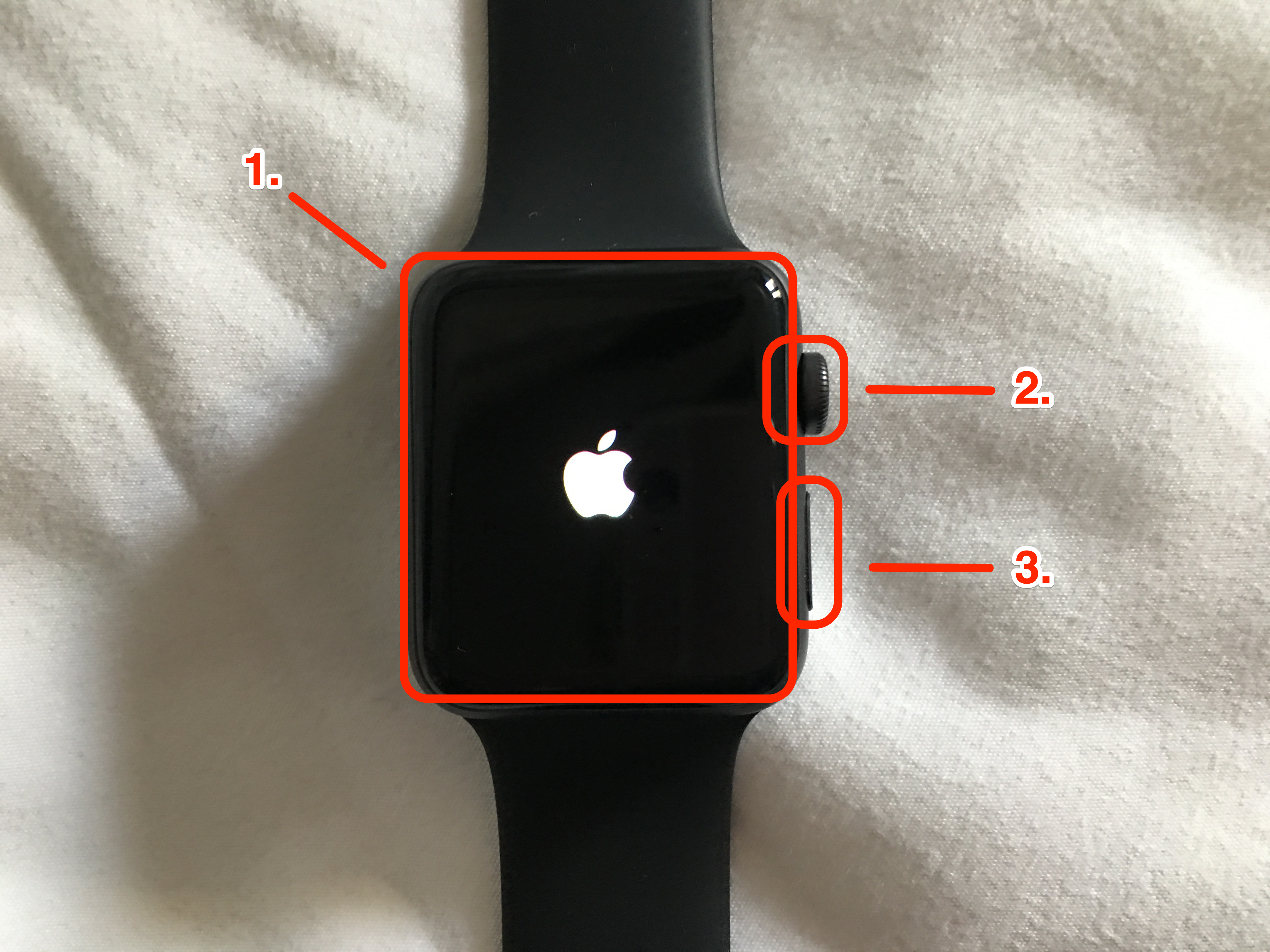 A diagram of the front of an Apple Watch, with the display, Digital Crown, and Side button highlighted.