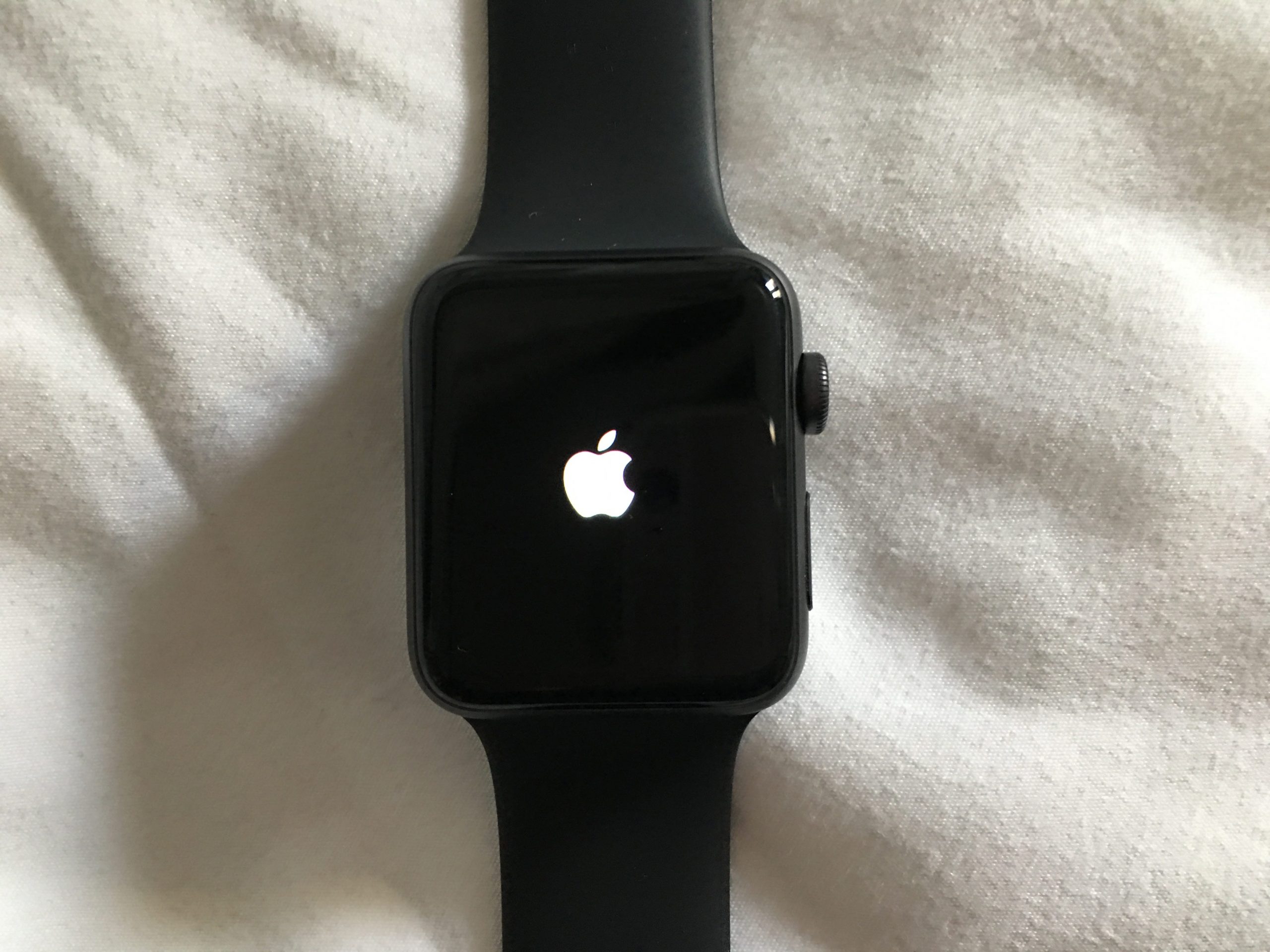 The Apple logo displayed on an Apple Watch.