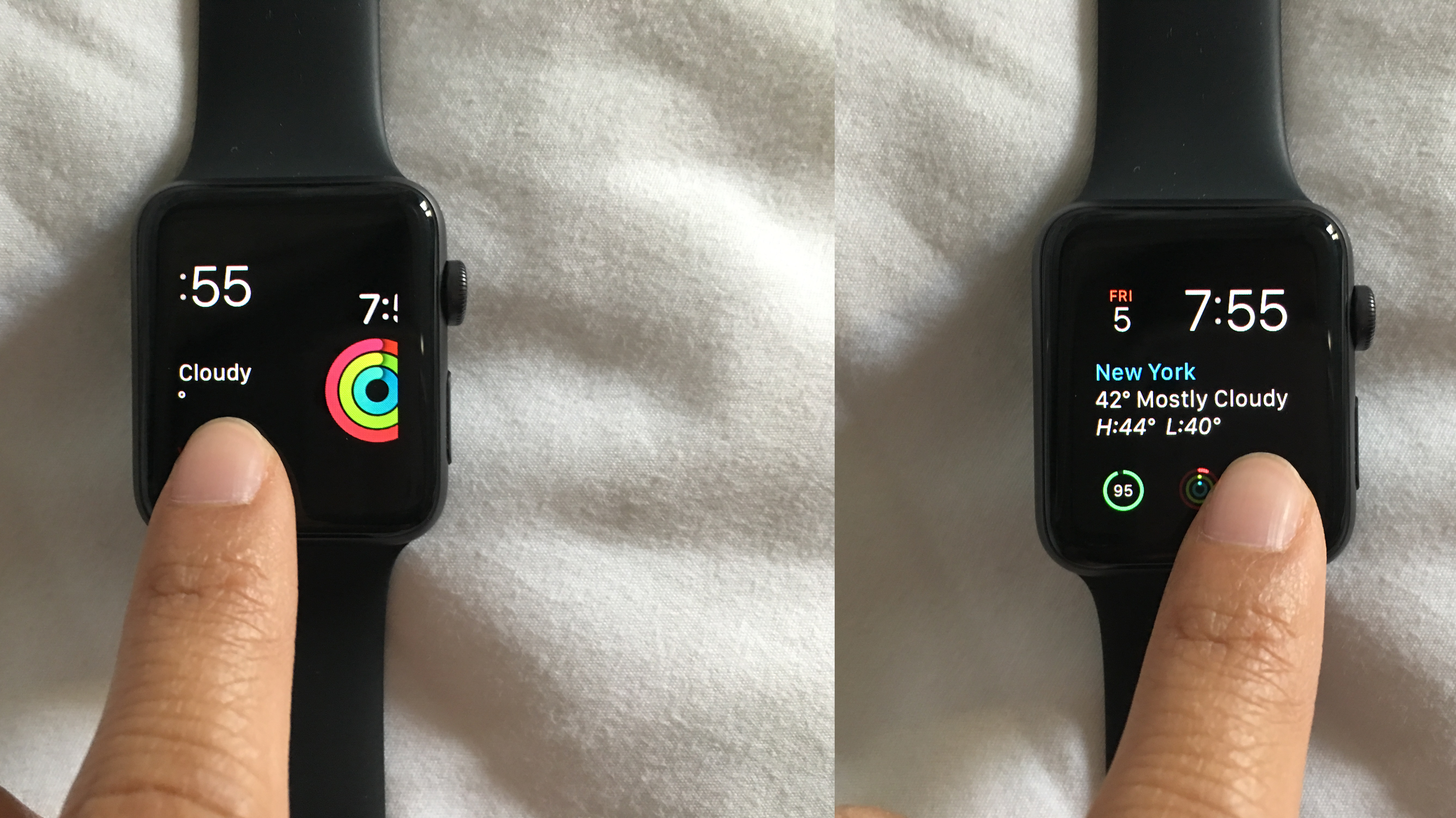 Showing how to swipe between different faces on the Apple Watch.