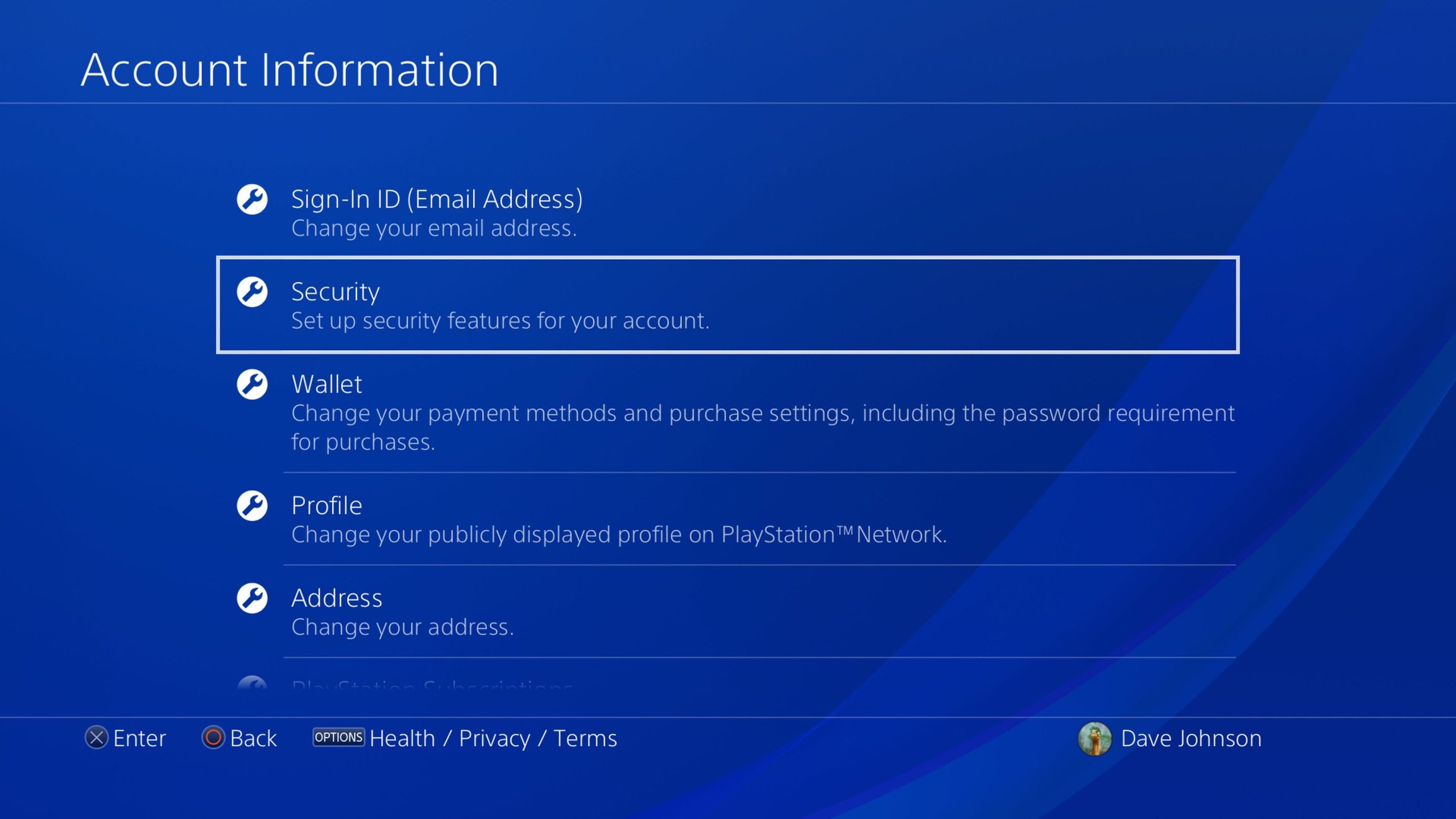 Screenshot of Security option on PS4