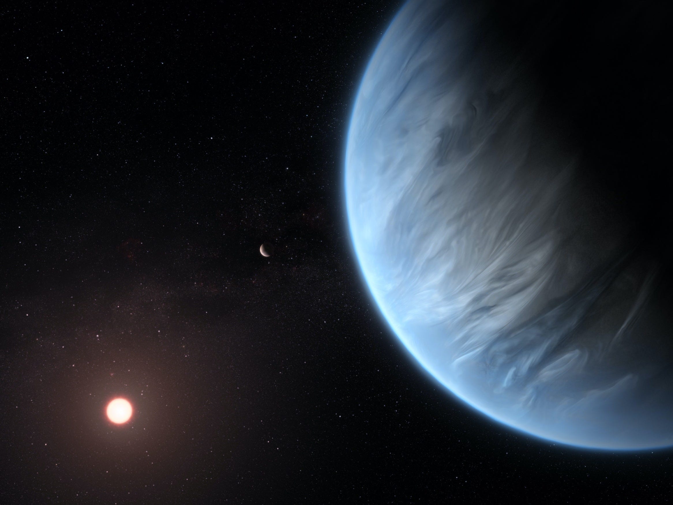 An artist’s impression shows the planet K2-18b, its host star and an accompanying planet in this system. K2-18b is now the only super-Earth exoplanet known to host both water and temperatures that could support life. UCL researchers used archive data from 2016 and 2017 captured by the NASA/ESA Hubble Space Telescope and developed open-source algorithms to analyze the starlight filtered through K2-18b’s atmosphere. The results revealed the molecular signature of water vapor, also indicating the presence of hydrogen and helium in the planet’s atmosphere.