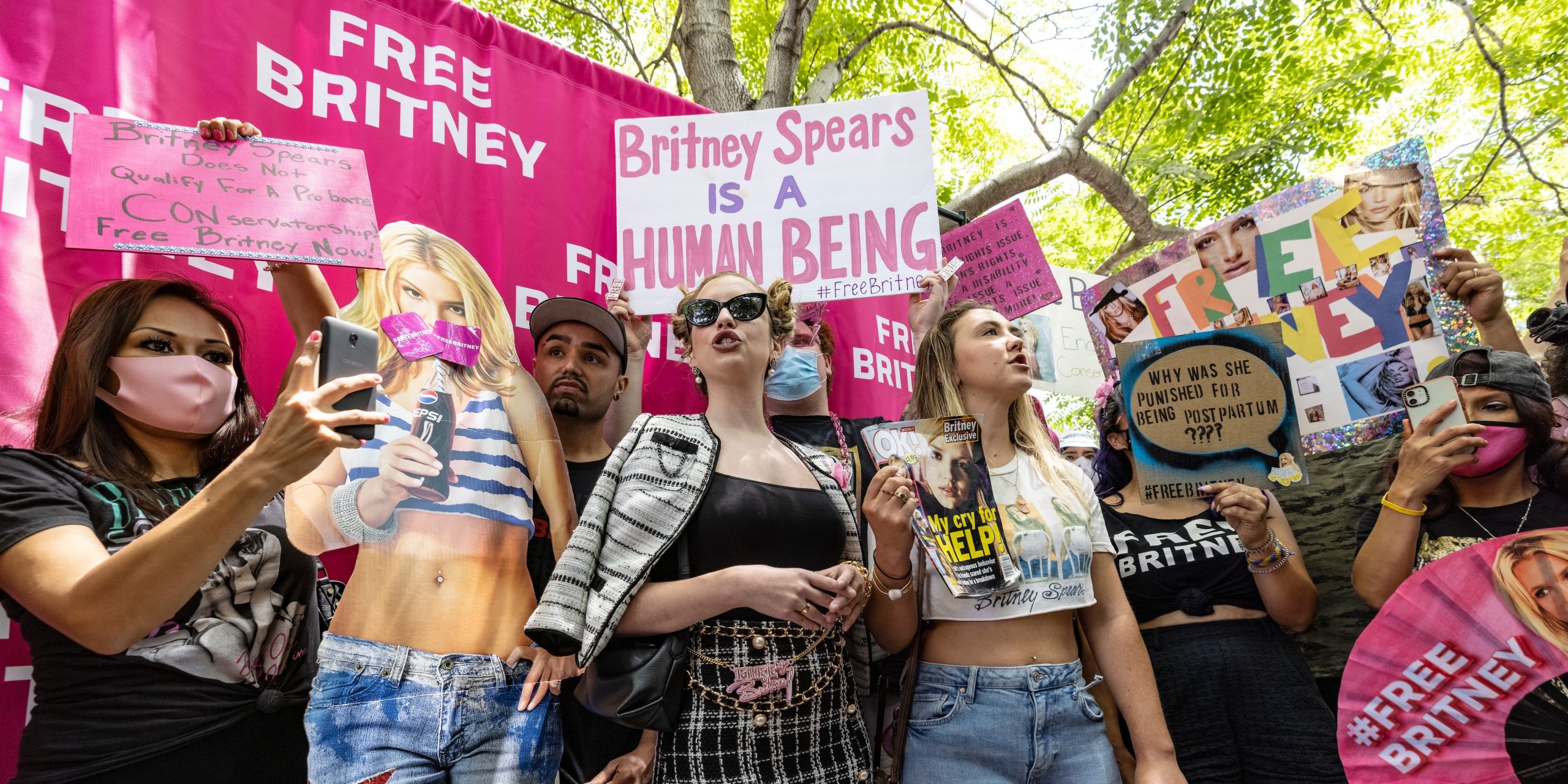 A crowd of Britney Spears supporters hold signs at a "Free Britney" rally.