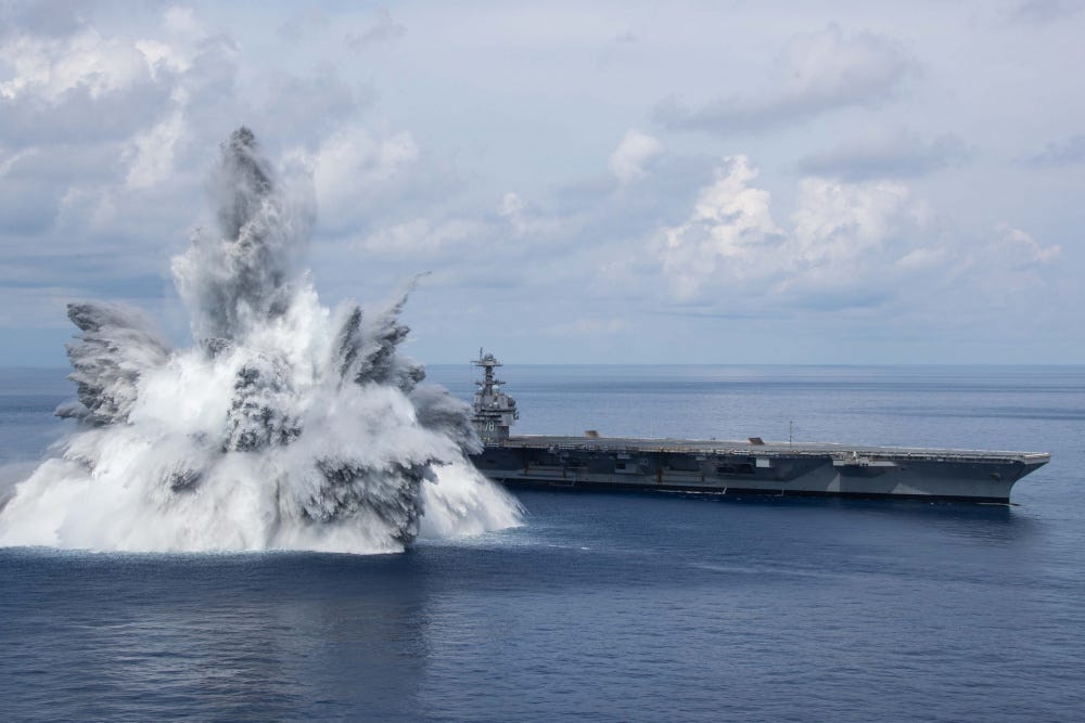 The aircraft carrier USS Gerald R. Ford (CVN 78) successfully completes the third and final scheduled explosive event for Full Ship Shock Trials while underway in the Atlantic Ocean, Aug. 8, 2021