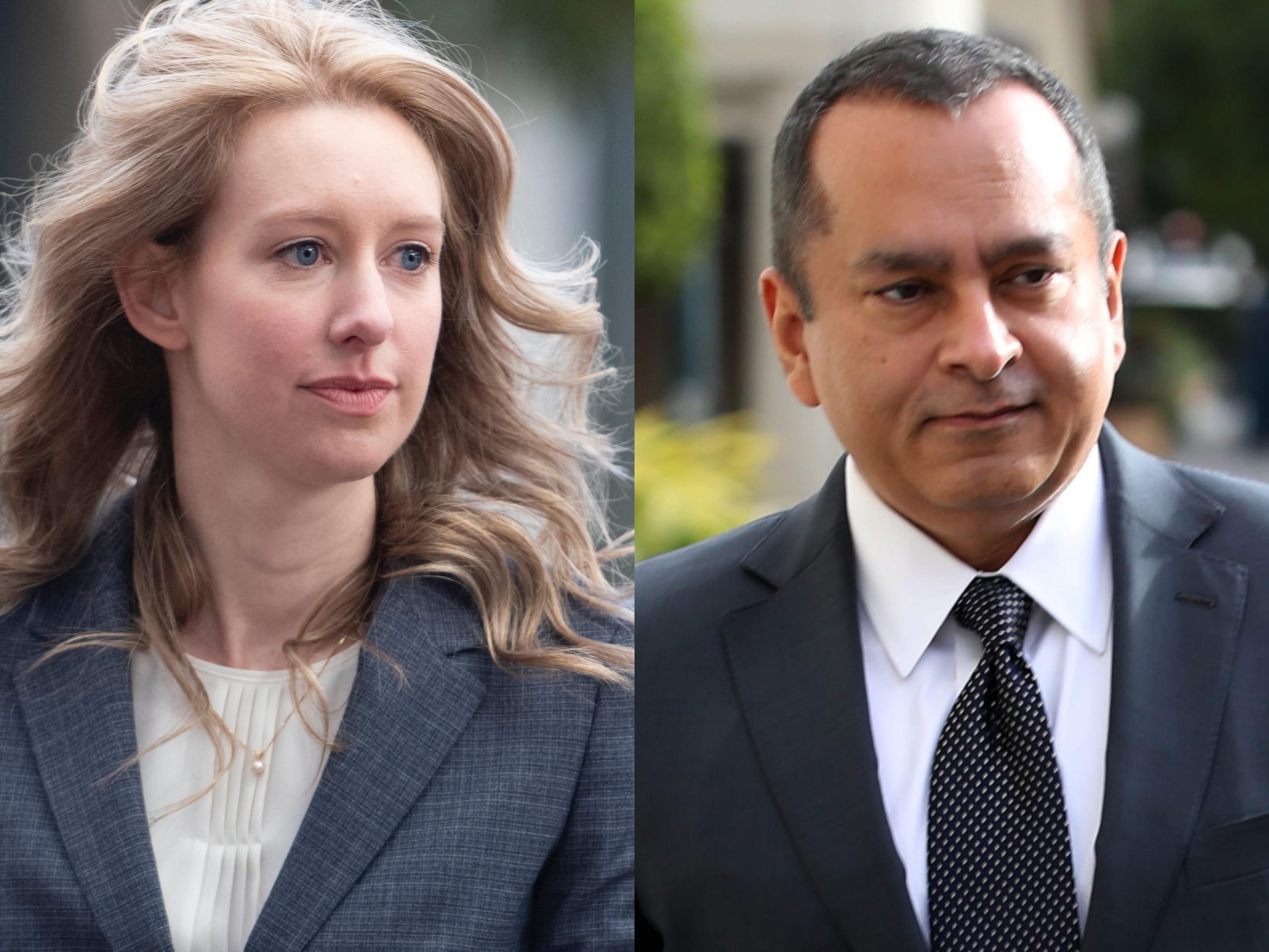 Elizabeth Holmes, founder and former CEO of Theranos, arrives for motion hearing on Monday, November 4, 2019, at the U.S. District Court House inside Robert F. Peckham Federal Building in San Jose, California. And former Theranos COO Ramesh "Sunny' Balwani leaves the Robert F. Peckham U.S. Federal Court on June 28, 2019 in San Jose, California.