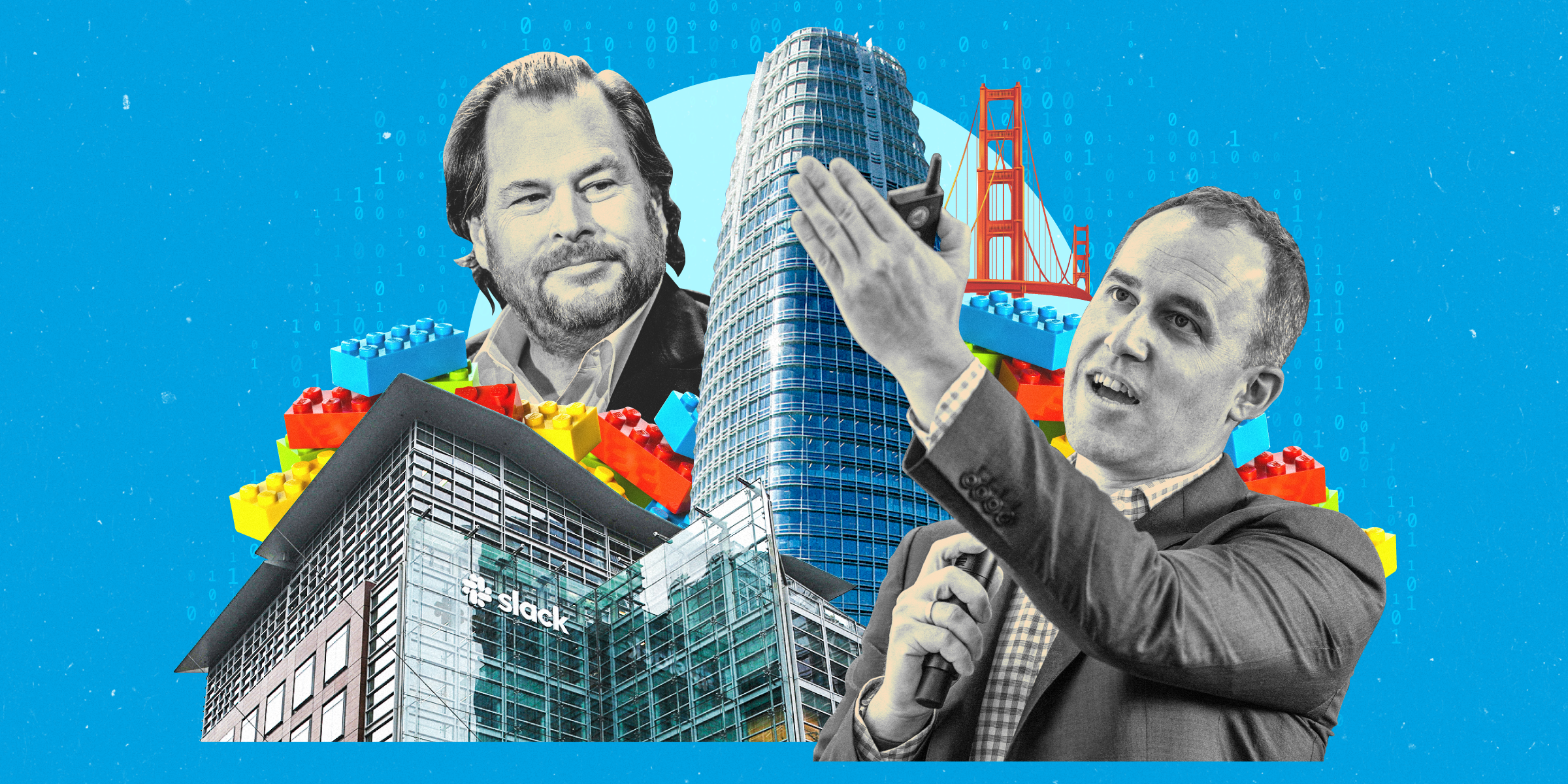 A collage of Marc Benioff, Bret Taylor, Salesforce Tower, Slack headquarters in San Francisco, the Golden Gate Bridge, and lego blocks with binary code patterned out on a blue background.