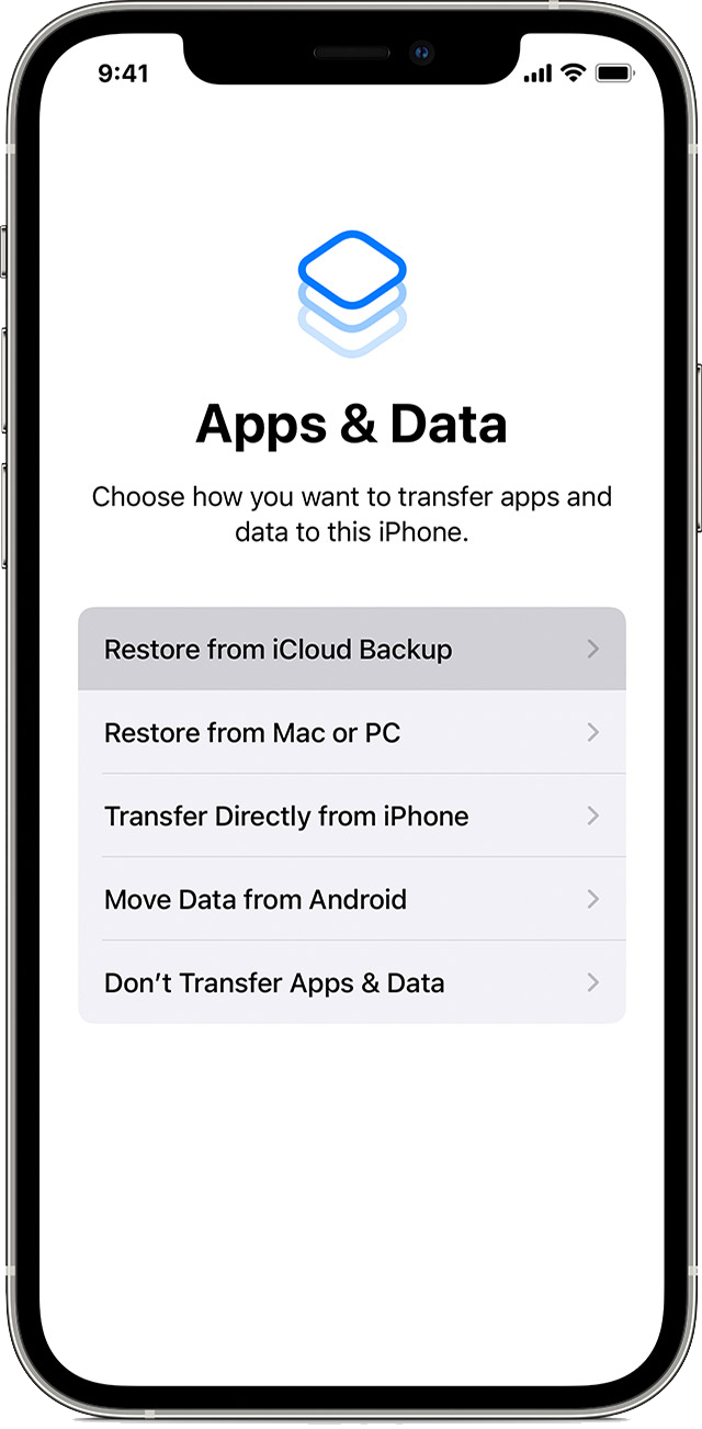 An iPhone displaying a screen titled Apps & Data, where you can choose how you want to restore the iPhone's data. "Restore from iCloud Backup" is selected.