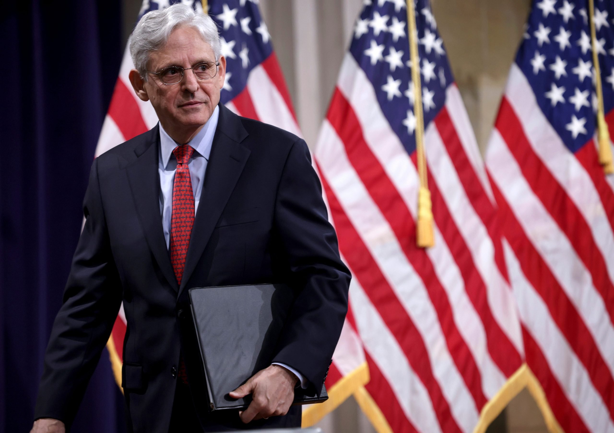 Attorney General Merrick Garland departs after speaking at the Justice Department in Washington, on Tuesday, June 15, 2021.