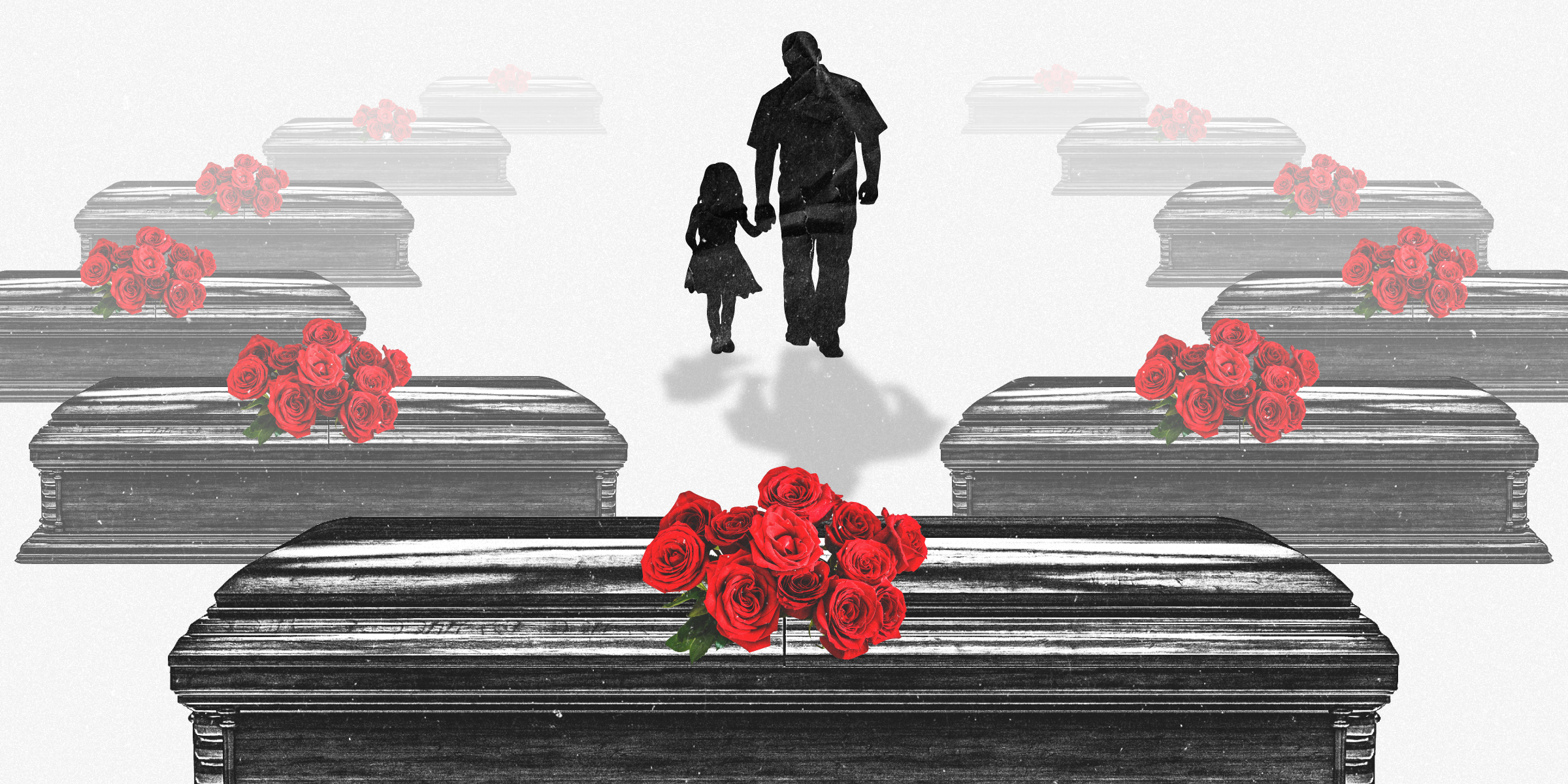 A silhouette of a young girl and father walking off into the distance hand-in-hand while surrounded by caskets with red roses on top of them on a gray background.