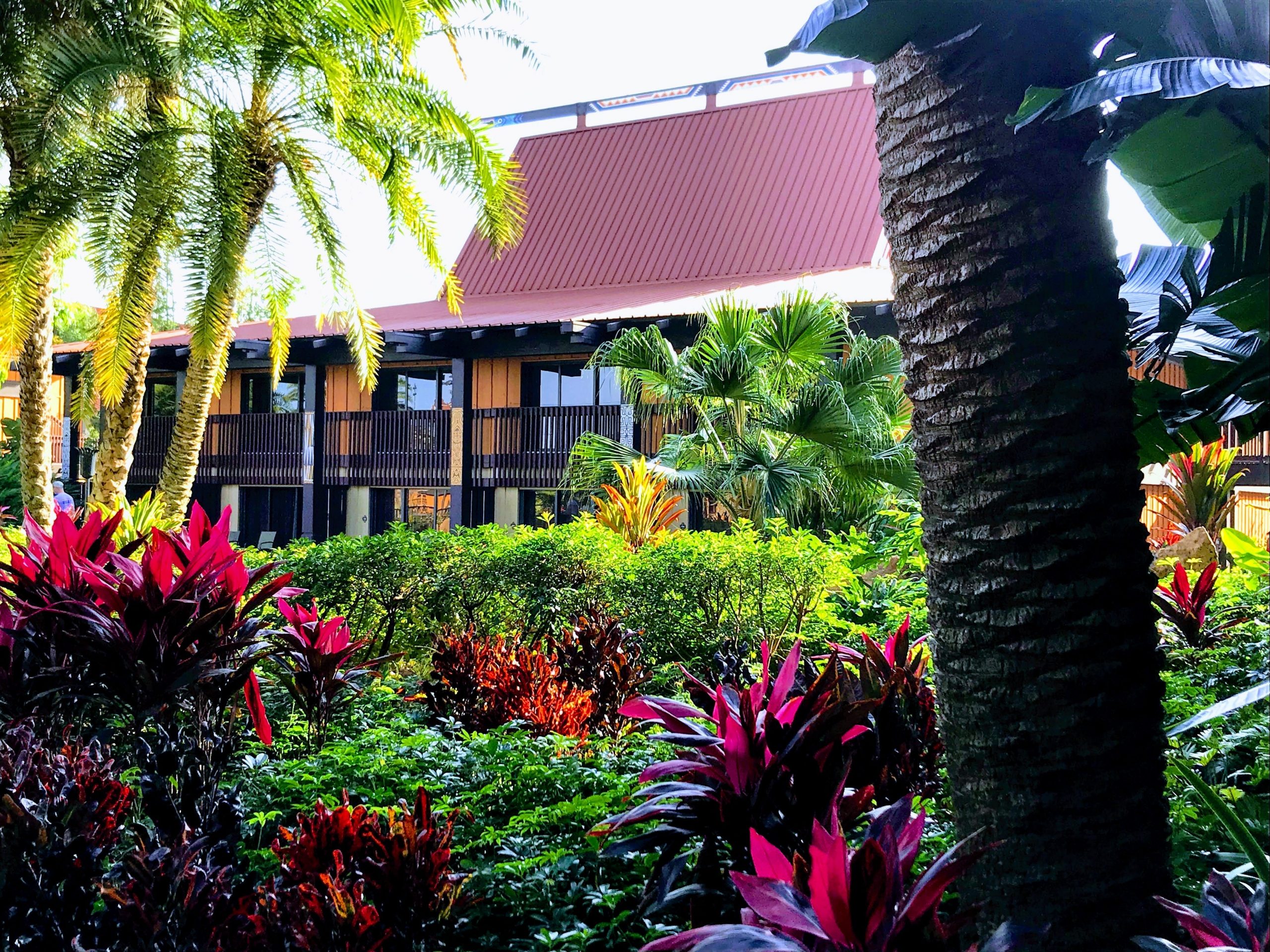 exterior shot of the buildings and gardens at the polynesian resort disney world