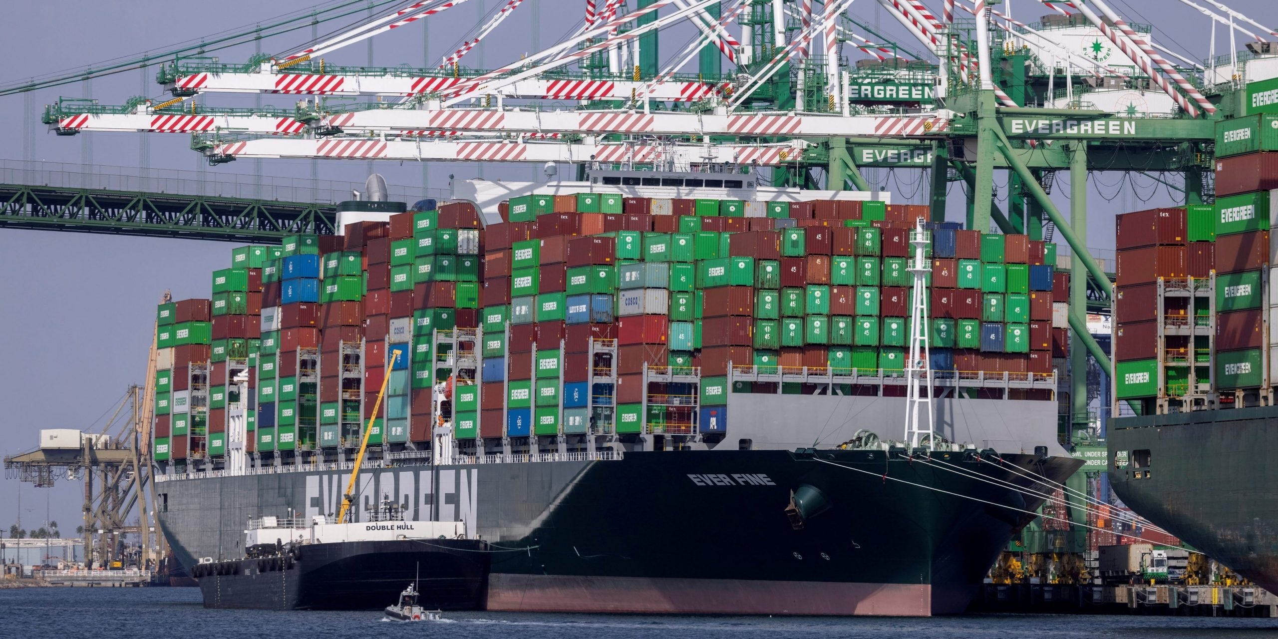 Container ships at the backlogged Port of Los Angeles in September 2021.