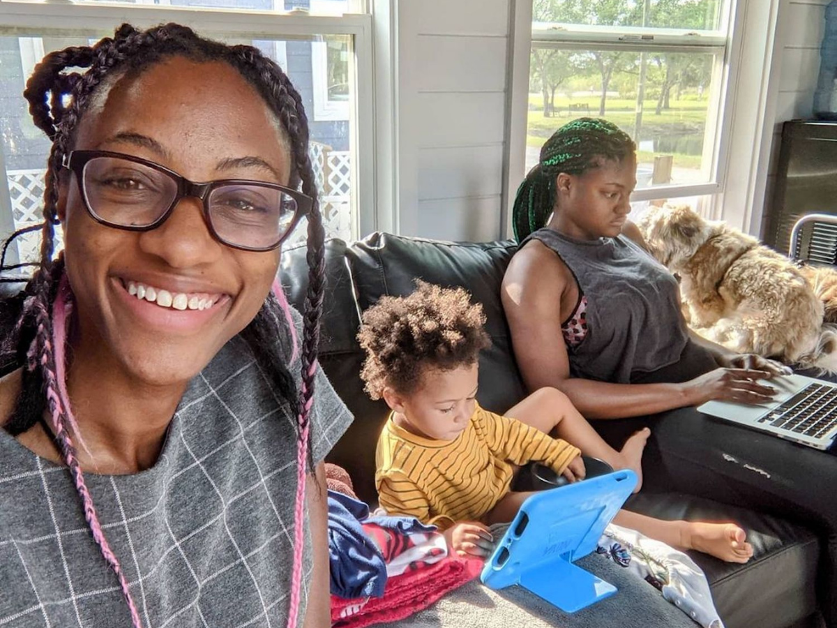 The sisters in Alexis' tiny house.