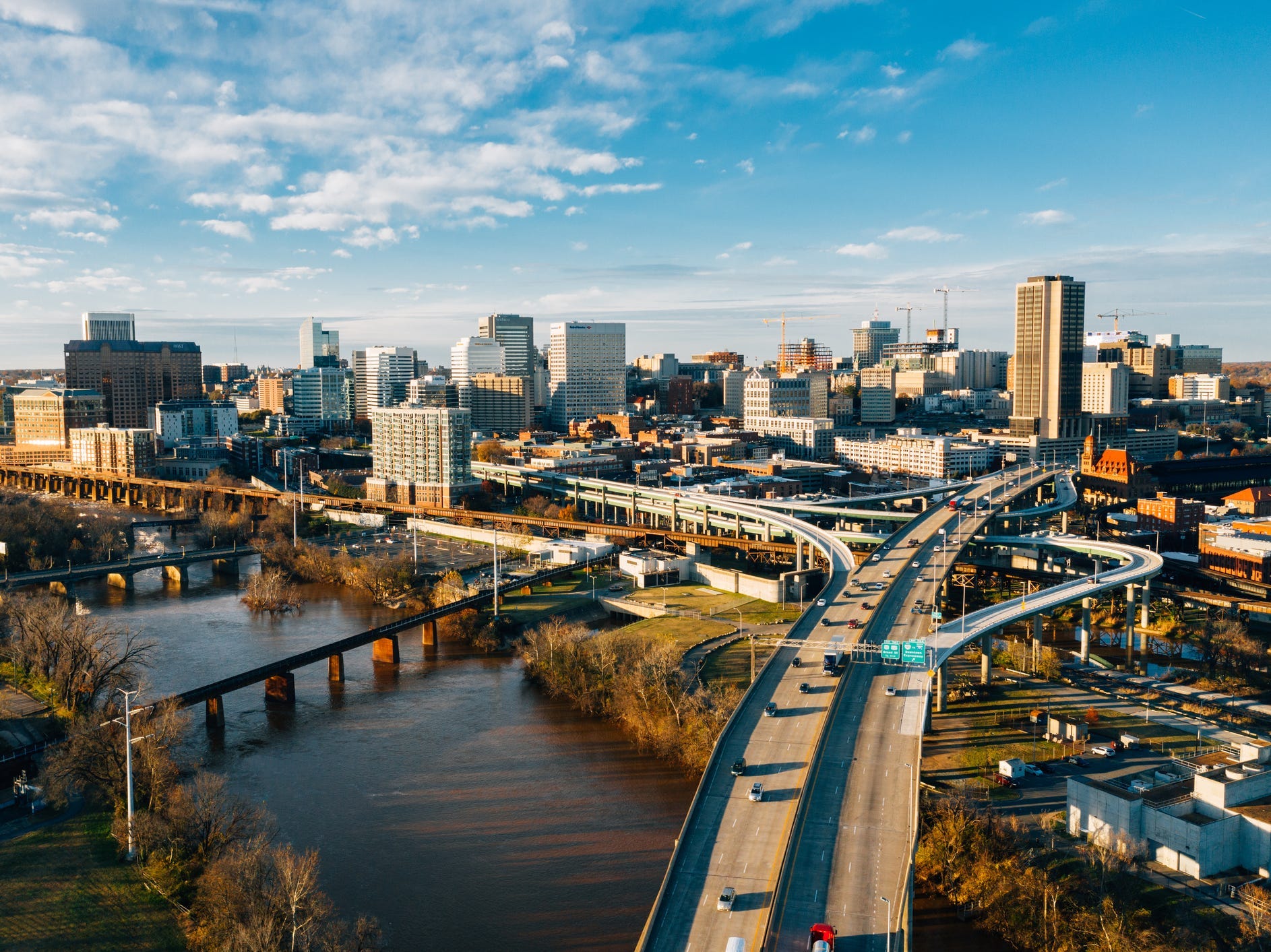 An aerial view of downtown Richmond, Virginia and highways leading into the city.