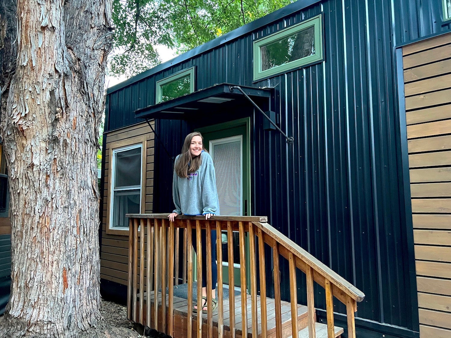 The author outside of the tiny house at WeeCasa.