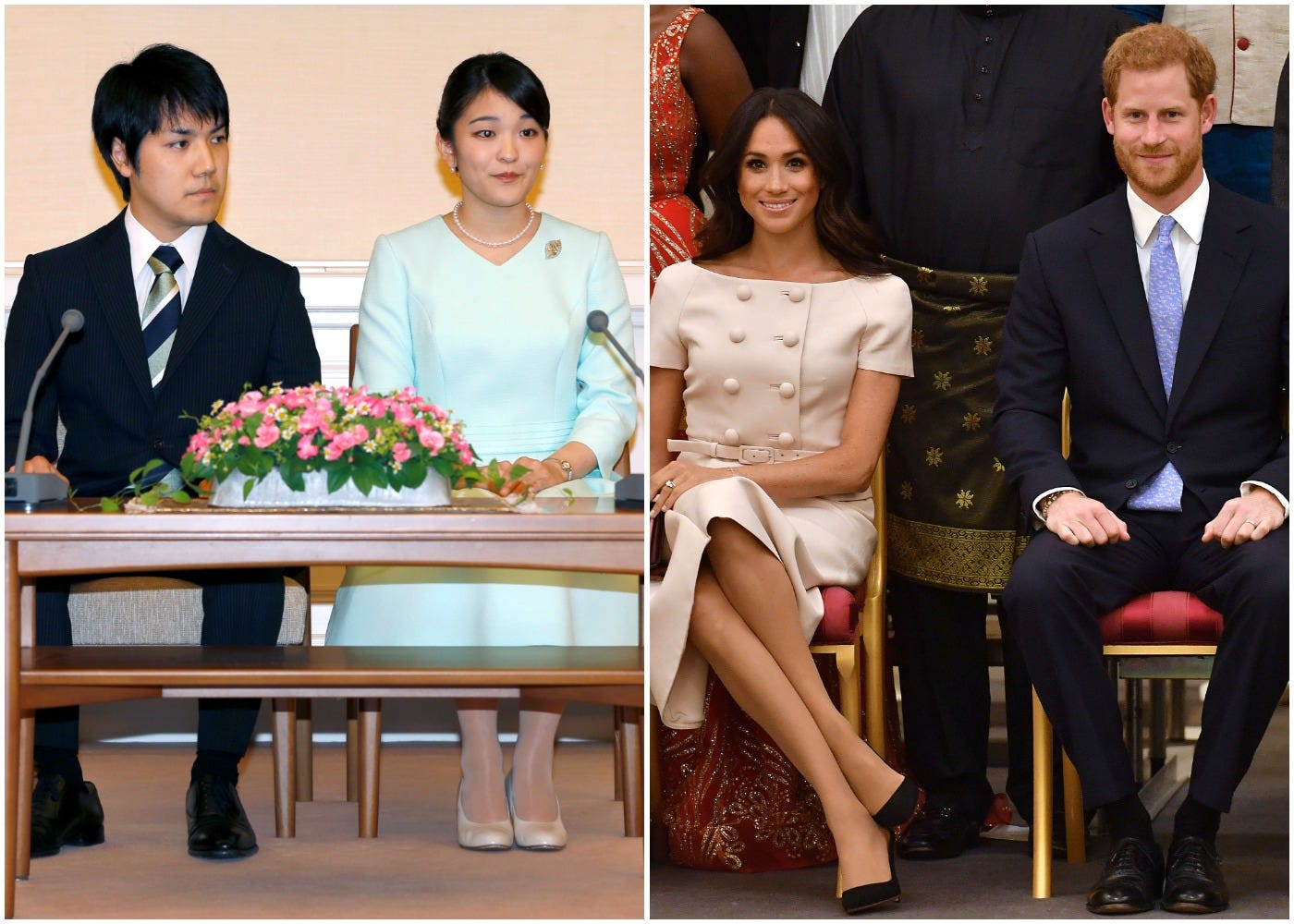 Kei Komuro and Princess Mako (left) and Meghan Markle and Prince Harry (right).