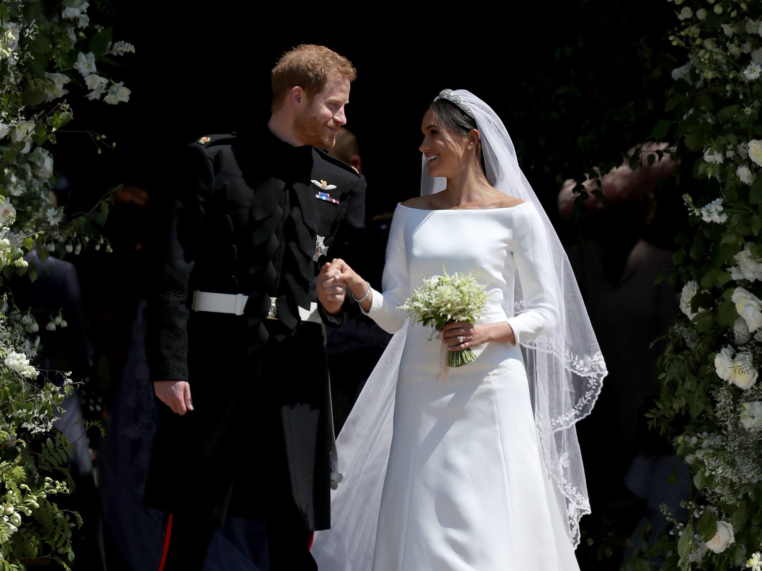 Prince Harry and Meghan Markle pictured leaving St George's Chapel in Windsor Castle on their wedding day on May 19 2018.