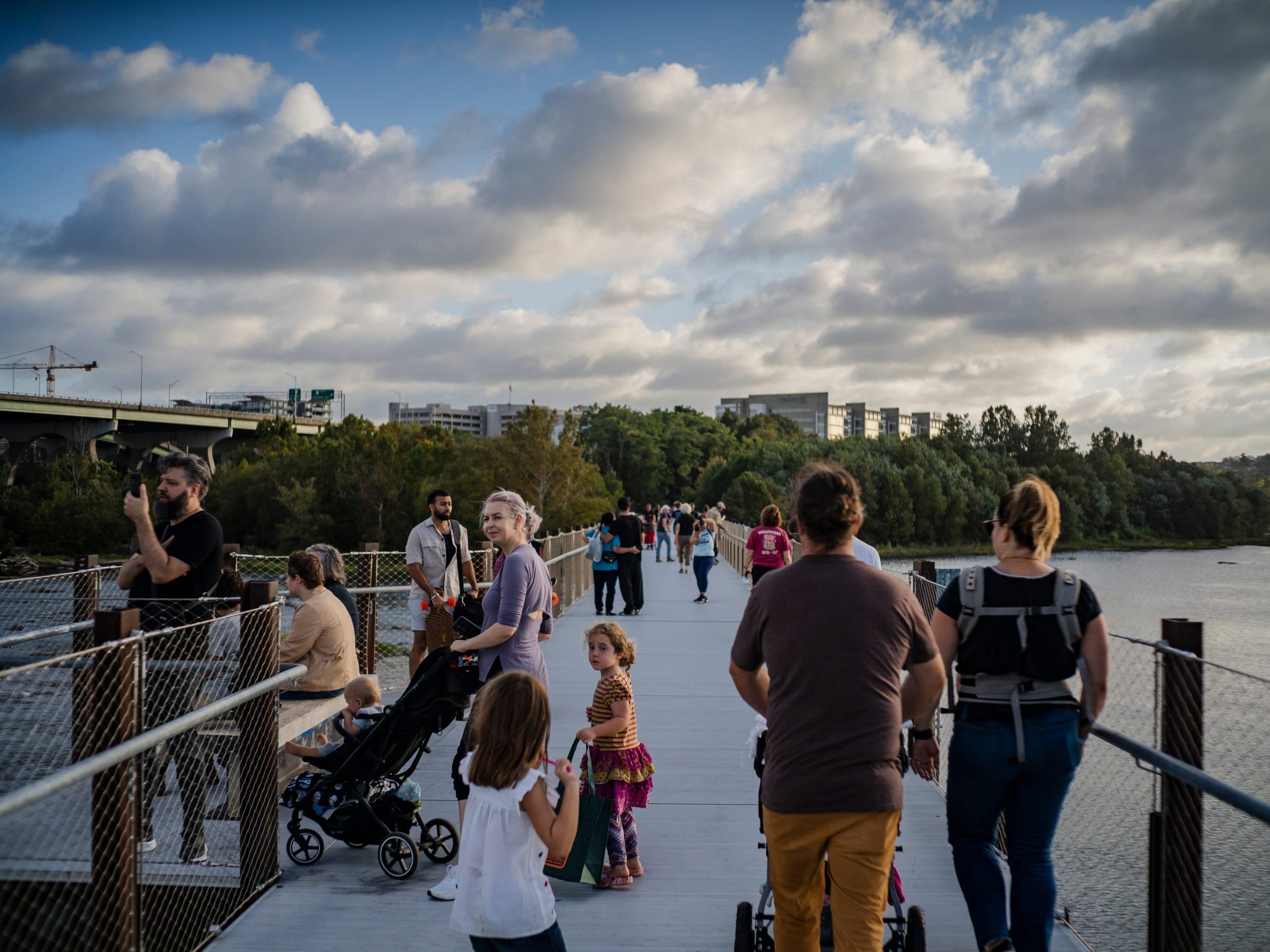 Pedestrians walking on a bridge in Richmond, Virginia