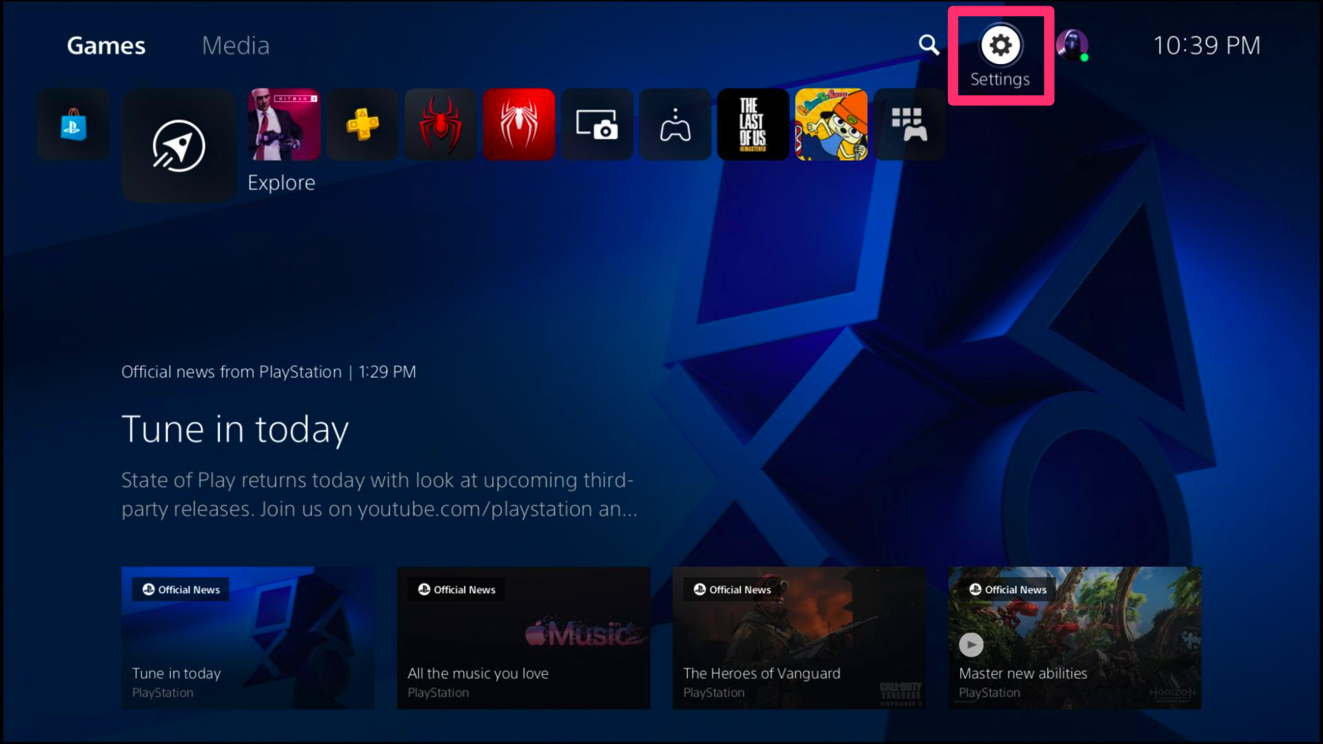 Screenshot of PS5 screen homepage