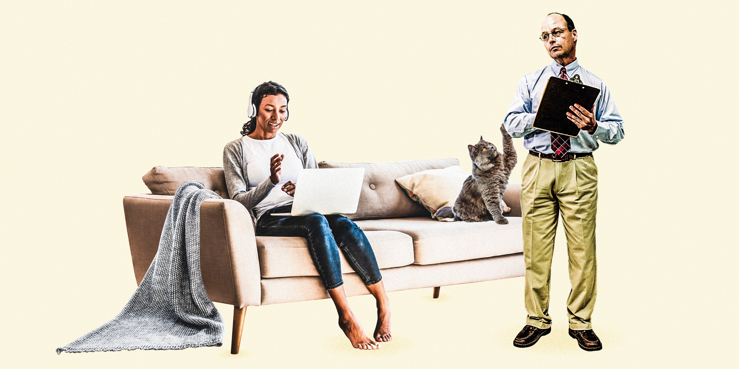 A woman working from home on her couch and her manager is standing next to her with a clipboard. Her pet cat is pawing at his elbow. The background is a light beige.