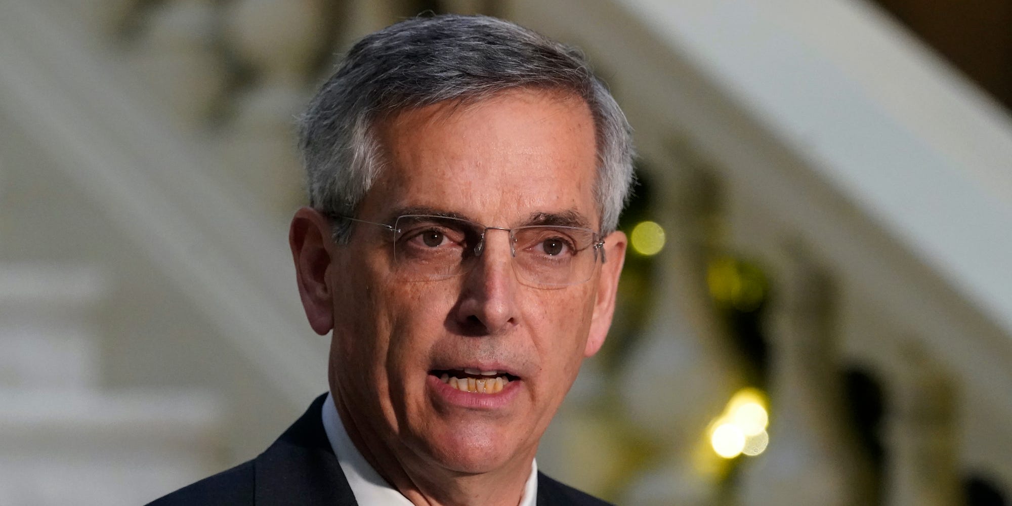 Georgia Secretary of State Brad Raffensperger speaks during a presser Monday, Dec. 14, 2020, in Atlanta