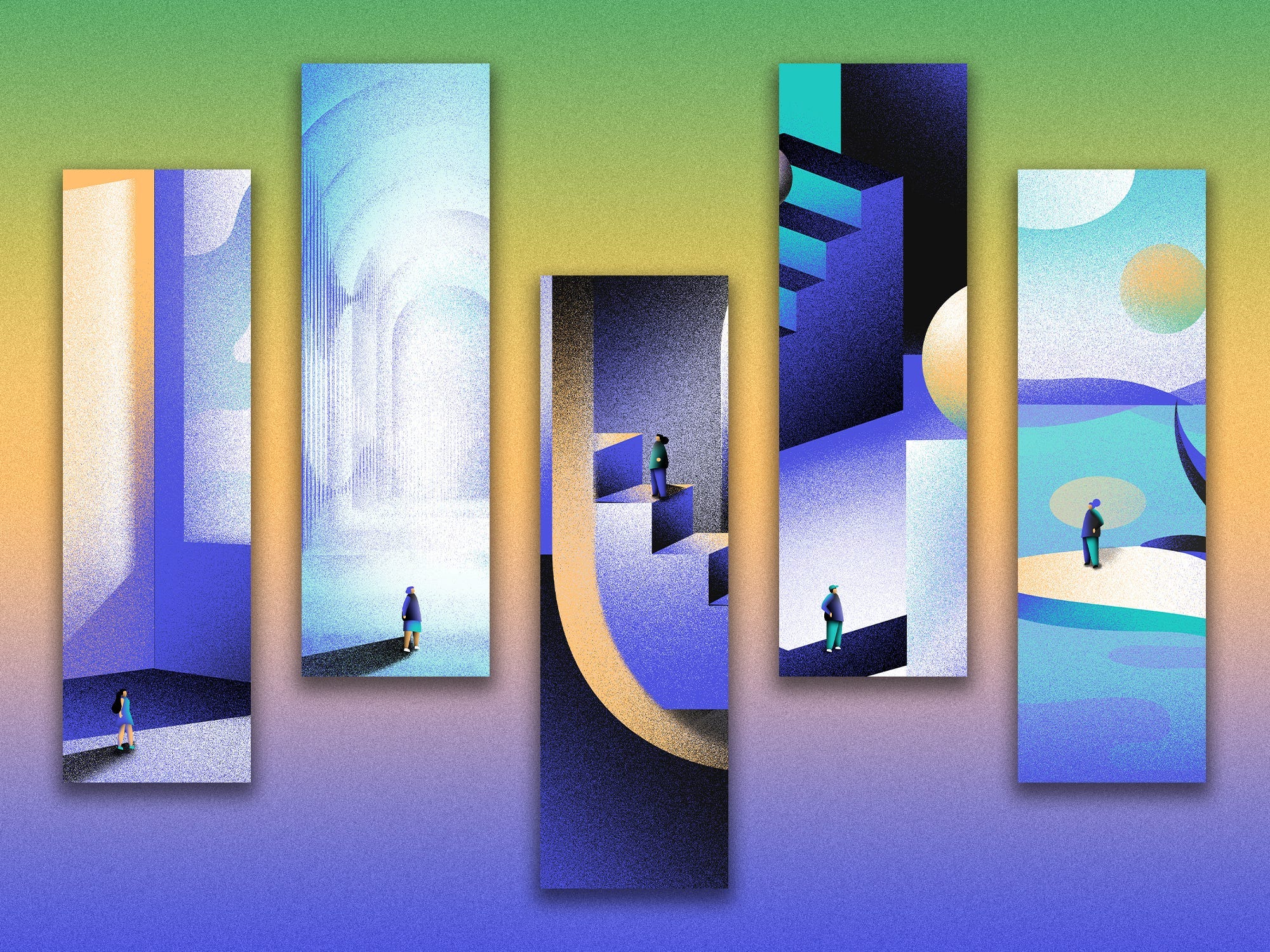 WDL 4x3 Thumbnail: five panels of illustrations featuring a person walking around different spaces illuminated with gradients of blue, gold, black, and white.