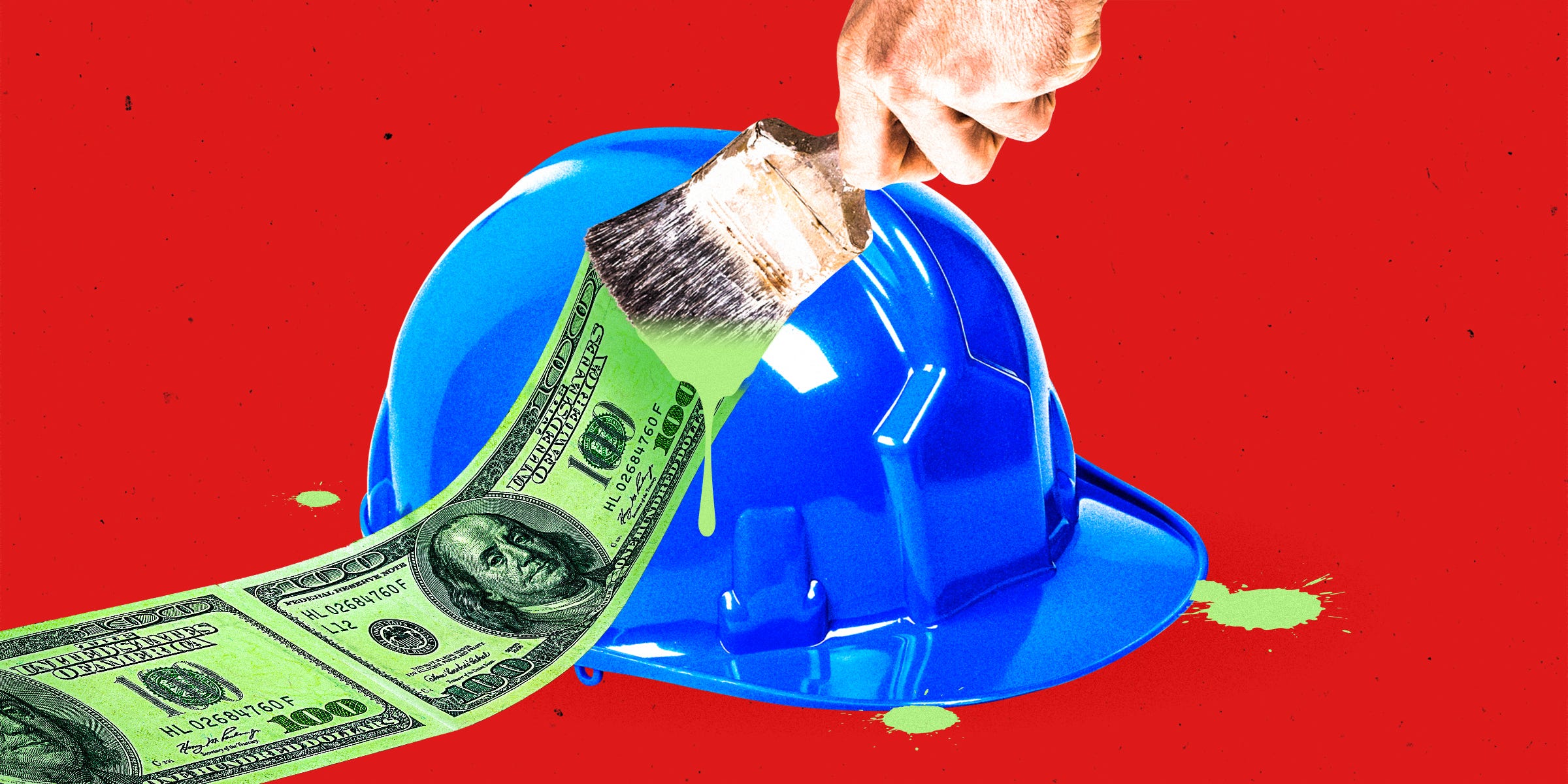 A hand painting over a blue hard hart with money patterned paint on a red background
