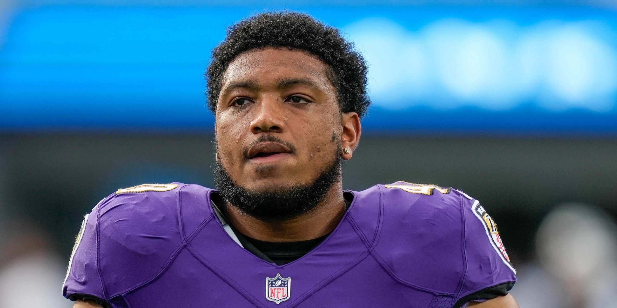 Baltimore Ravens linebacker Malik Harrison (40) during pre-game against the Carolina Panthers at Bank of America Stadium in August 2021.