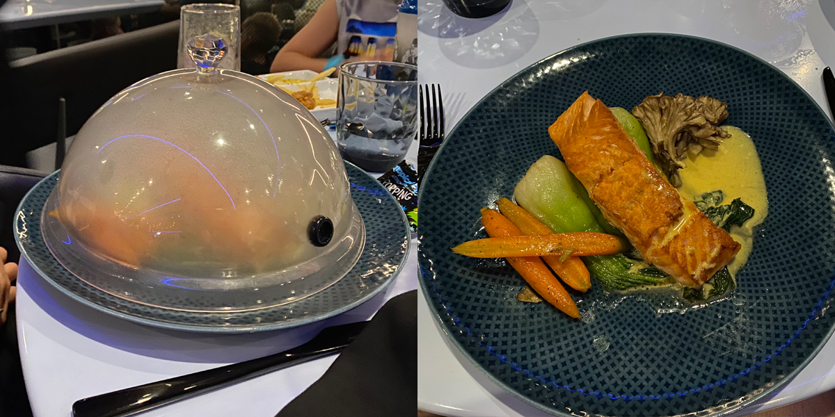 side by side photos of the adult salmon dish being presented at space 220 restaurant epcot