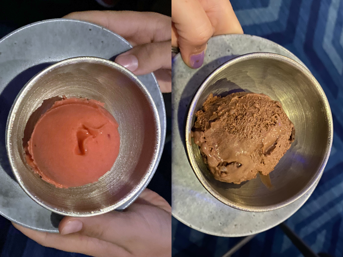 side by side photos of scoops of strawberry gelato and chocolate ice cream from space 220 restaurant in epcot