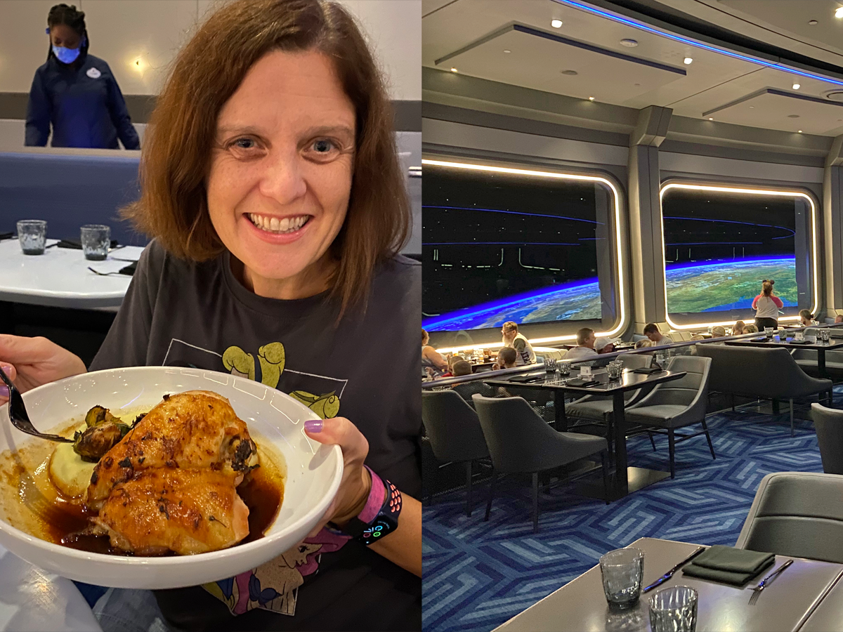 shot of kari holding her entree from space 220 next to an interior shot of the epcot restaurant