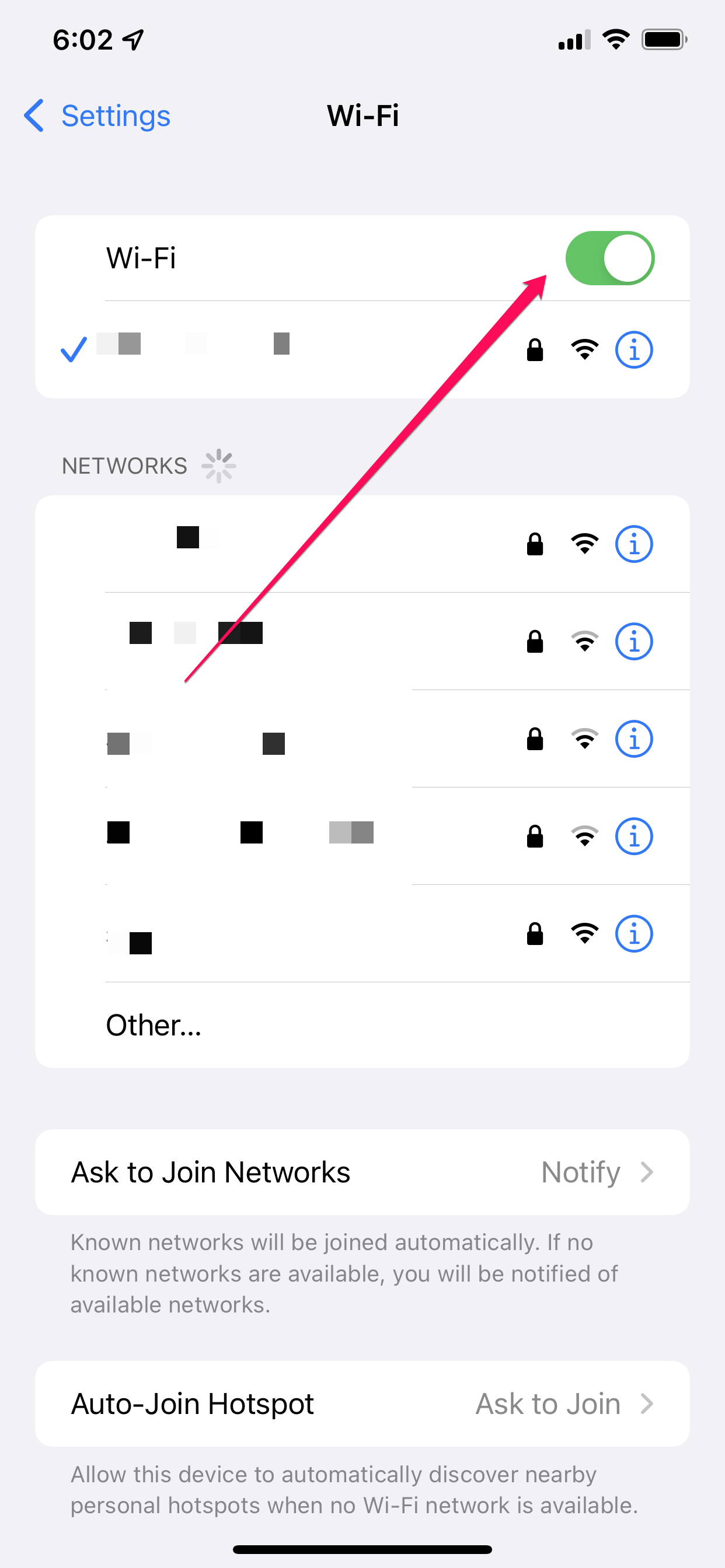 The Settings app in iOS, wifi page - imessage not working