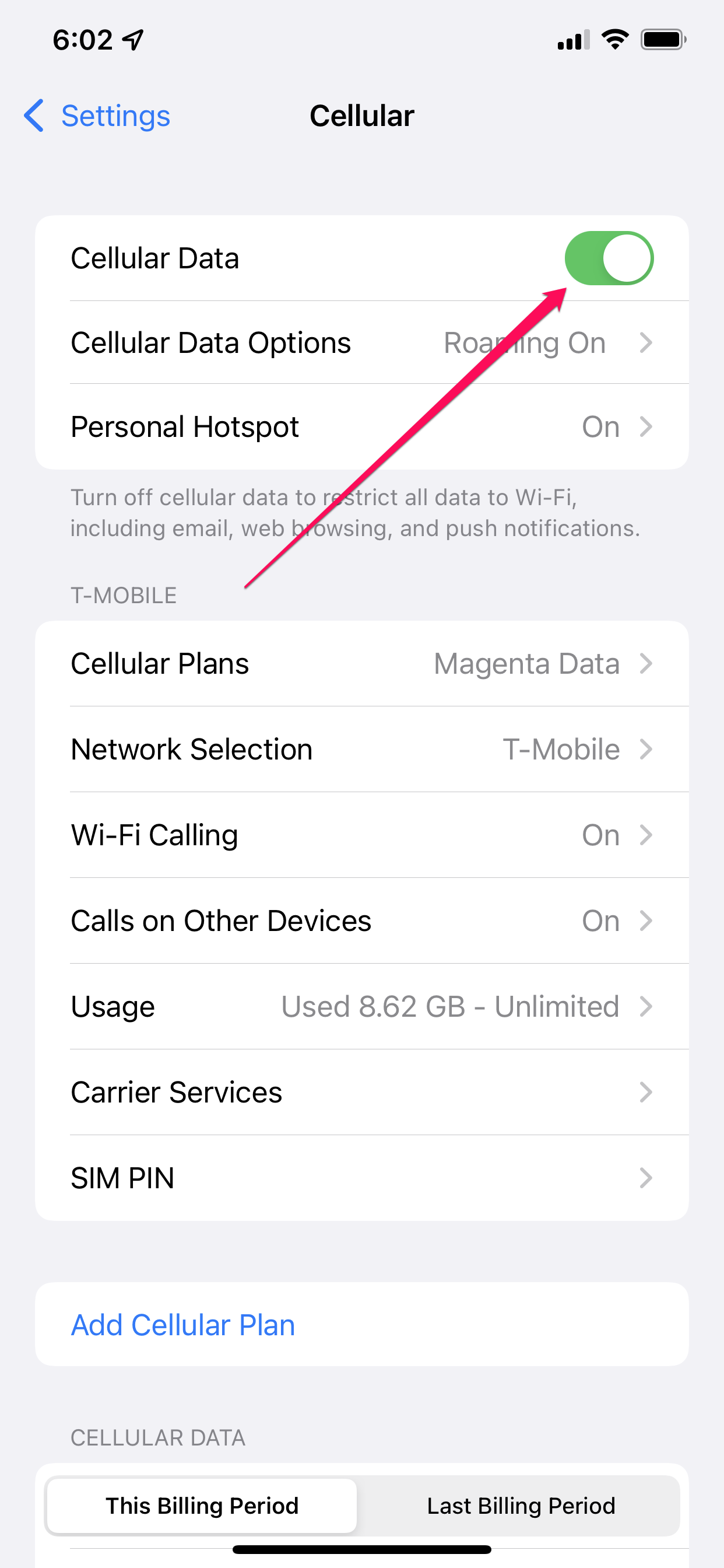 The Settings app in iOS, cellular page - imessage not working
