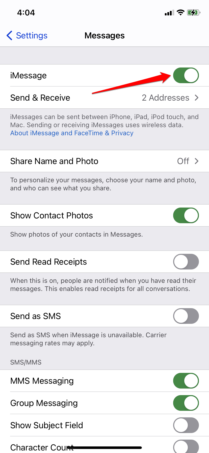 Messages page in settings on ios