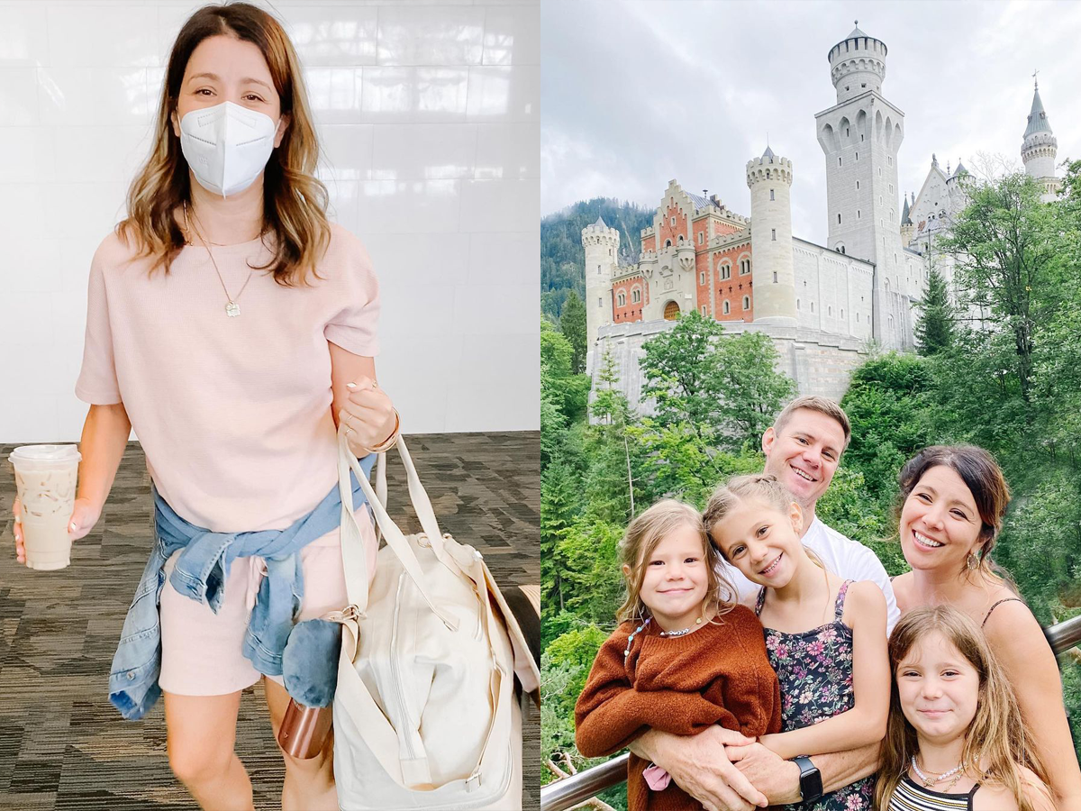diana with her packed bag next to a photo fo her and her family in front of a european castle