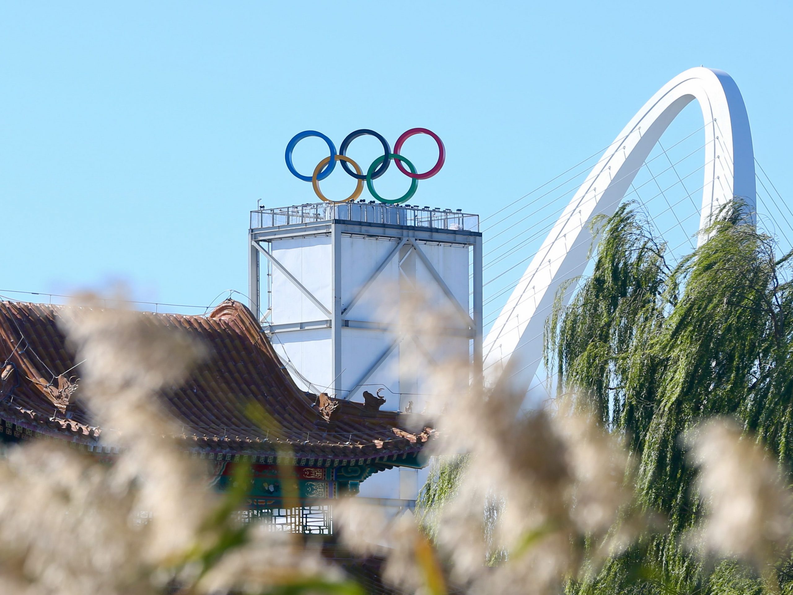 The Olympic rings beside the Big Air Shougang, a venue of Beijing 2022 Winter Olympics.