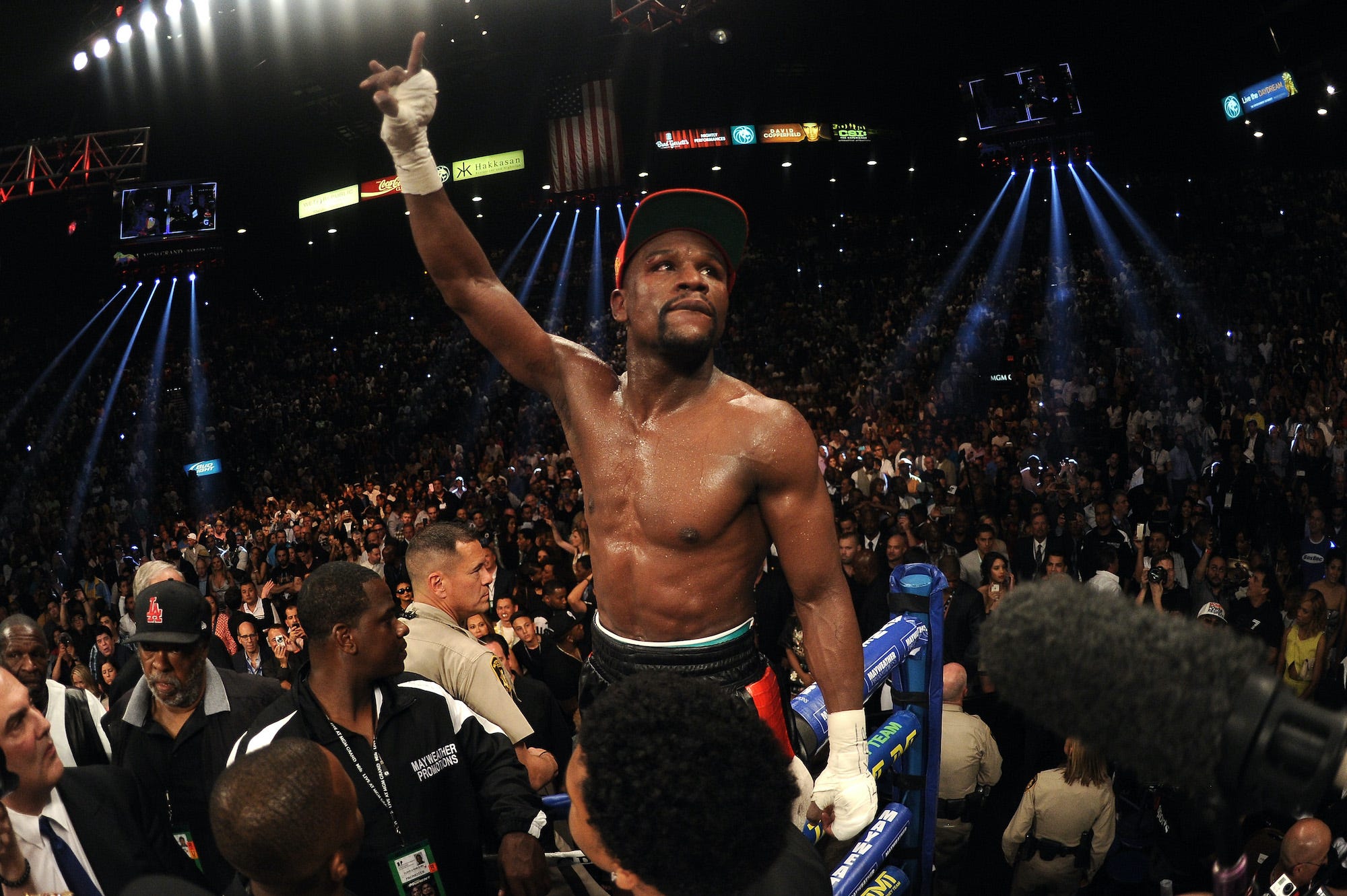 Floyd Mayweather Jr. celebrates one of his 50 wins in the pro boxing ring.
