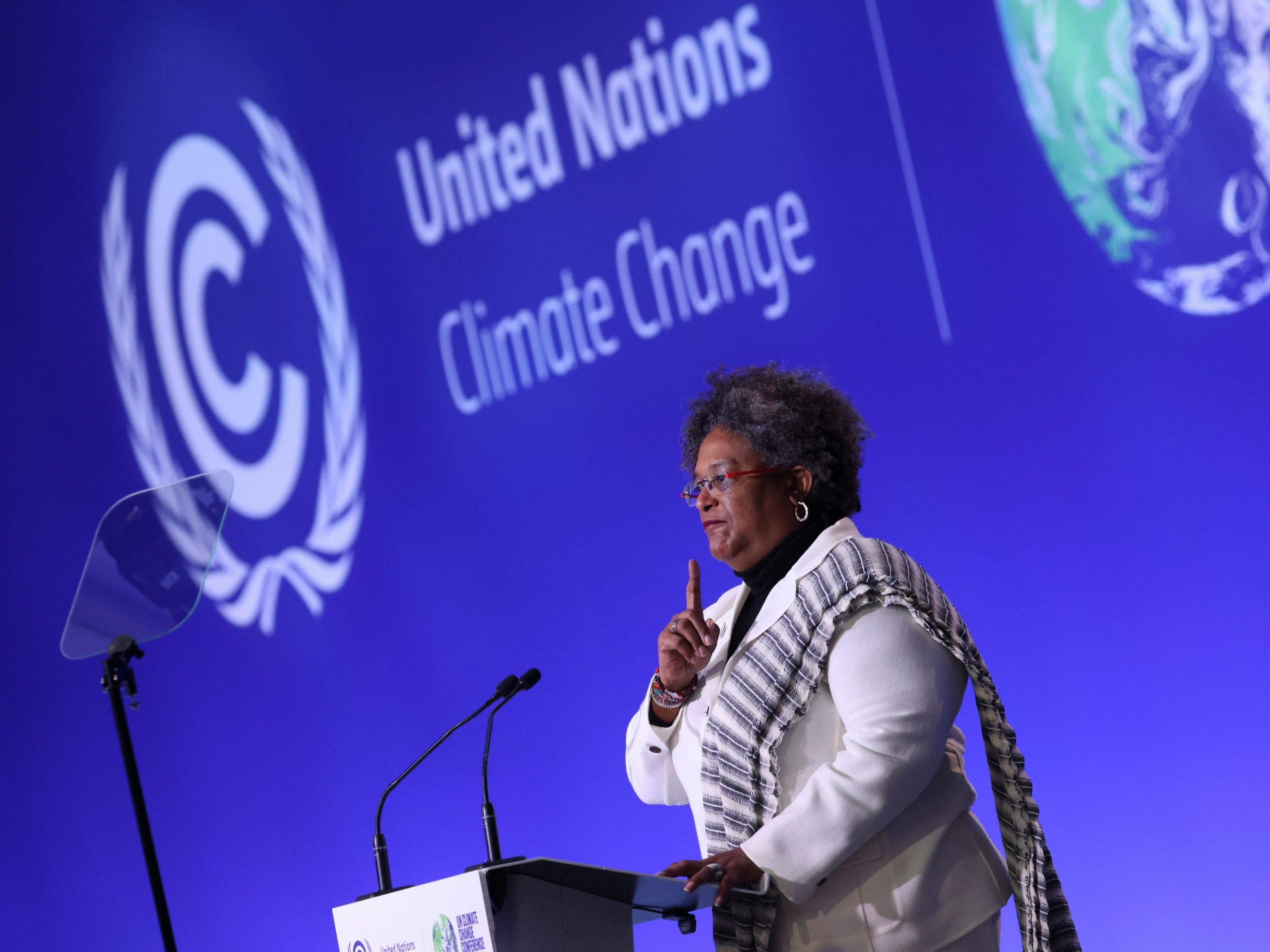 Barbados's Prime Minister Mia Amor Mottley delivers a speech during the opening ceremony of the UN Climate Change Conference COP26 at SECC on November 1, 2021 in Glasgow, United Kingdom.