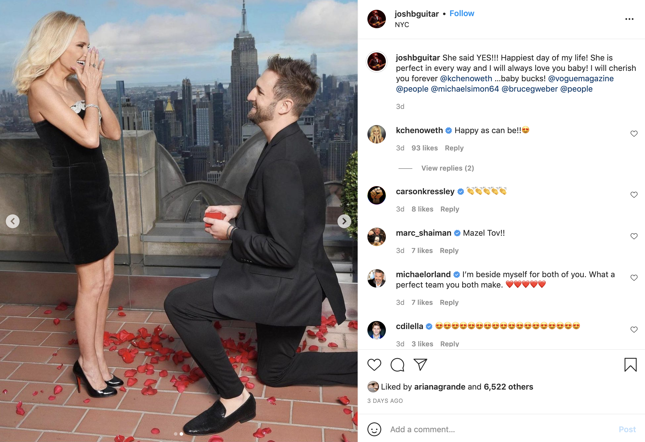 A post from Josh Bryant after he proposed to Kristin Chenoweth.