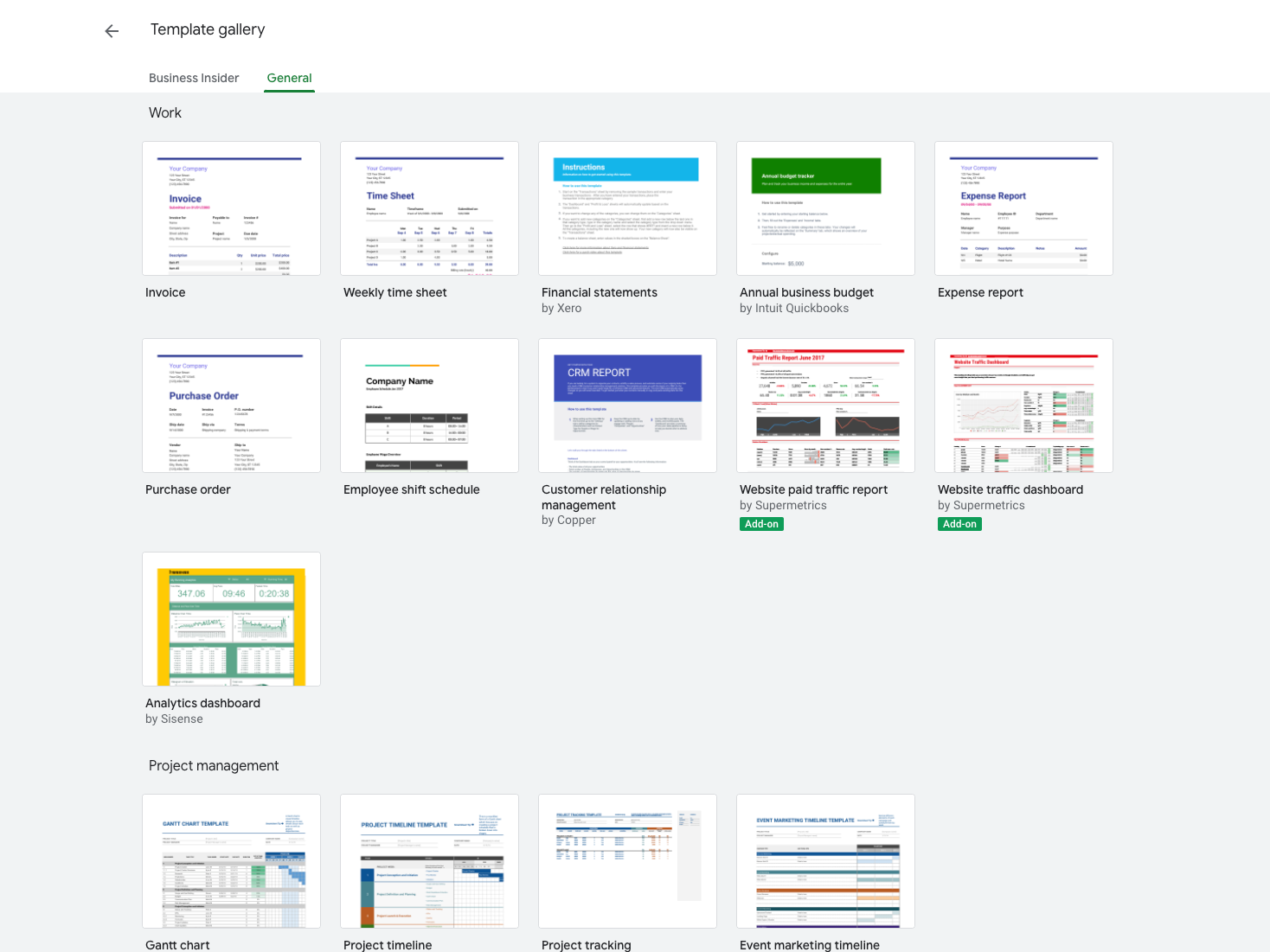 Some of the templates offered in Google Sheets.