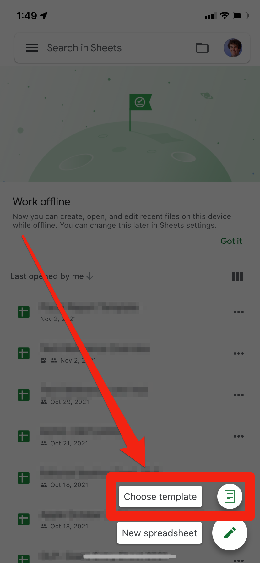 The Google Sheets app. The "Choose template" option is visible and highlighted.