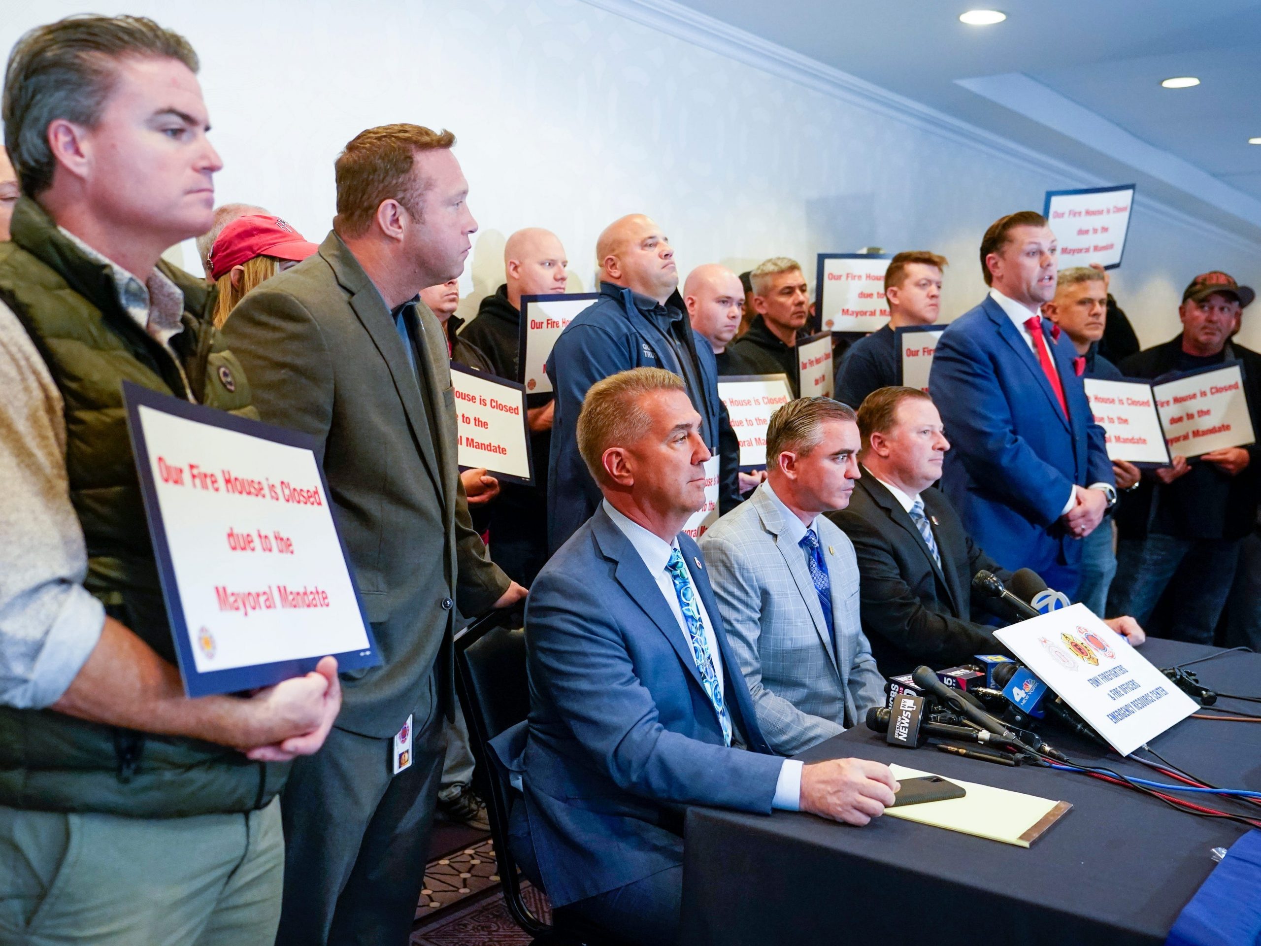 FDNY union leaders protest the vaccination mandate at a press conference on November 2, 2021.