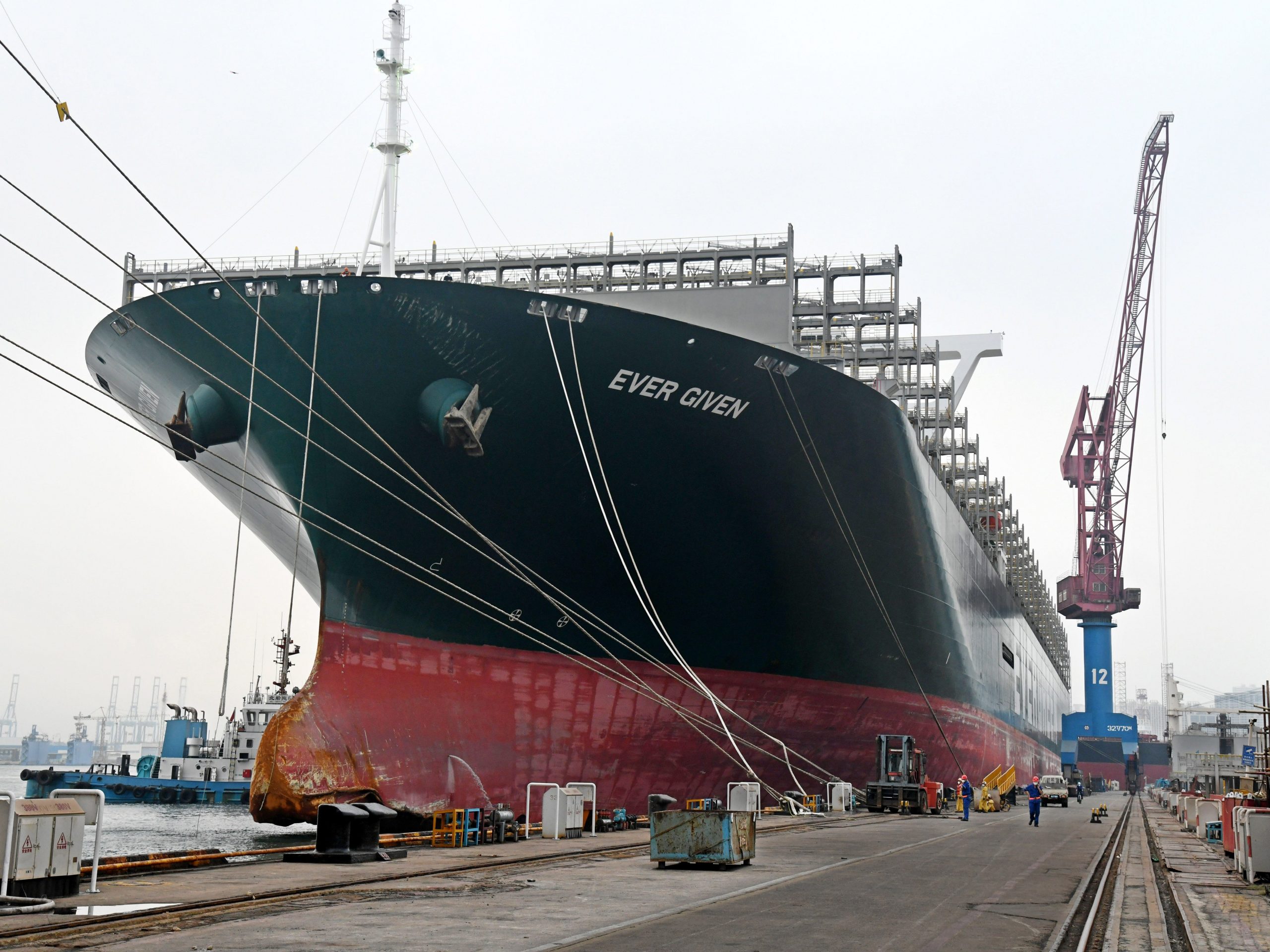 Ever Given container ship berthed at a ship-repairing dock of Qingdao Beihai Shipbuilding Heavy Industry Co., Ltd. in Qingdao, east China's Shandong Province.