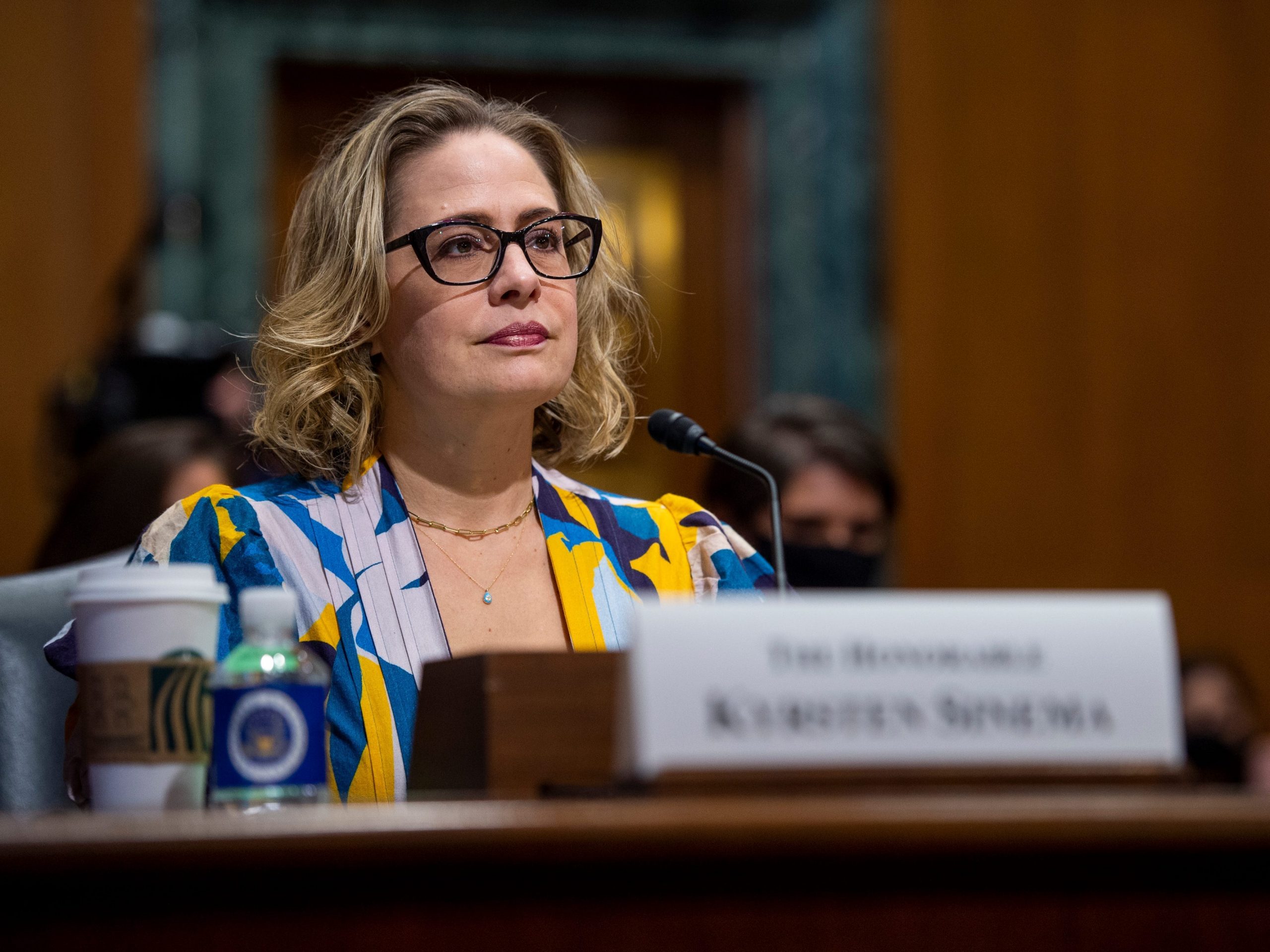 U.S. Sen. Kyrsten Sinema (D-AZ) speaks during a United States Senate Committee on Finance hearing to consider Chris Magnus's nomination to be Commissioner of U.S. Customs and Border Protection on October 19, 2021 in Washington, DC.