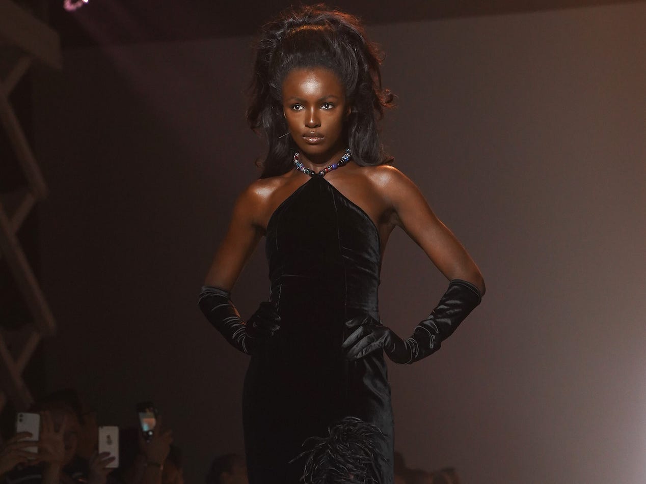Leomie Anderson at a Christian Cowan fashion show in September 2021.