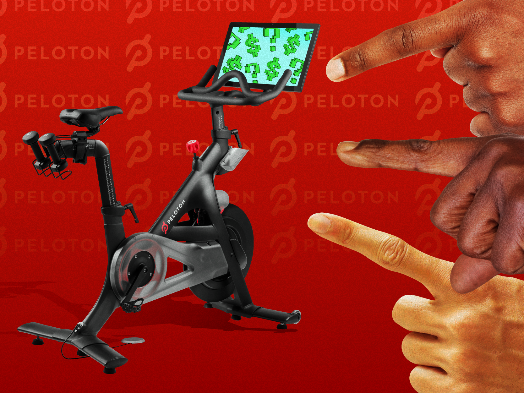 Employee Hands pointing to Peloton bike with question marks and money symbols on bike screen