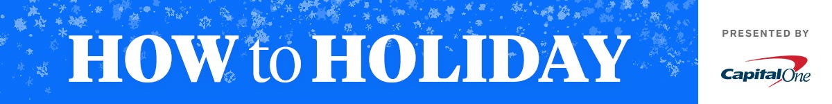 A blue banner with small snowflakes in the background and white print that says How to Holiday, Presented by Capital One