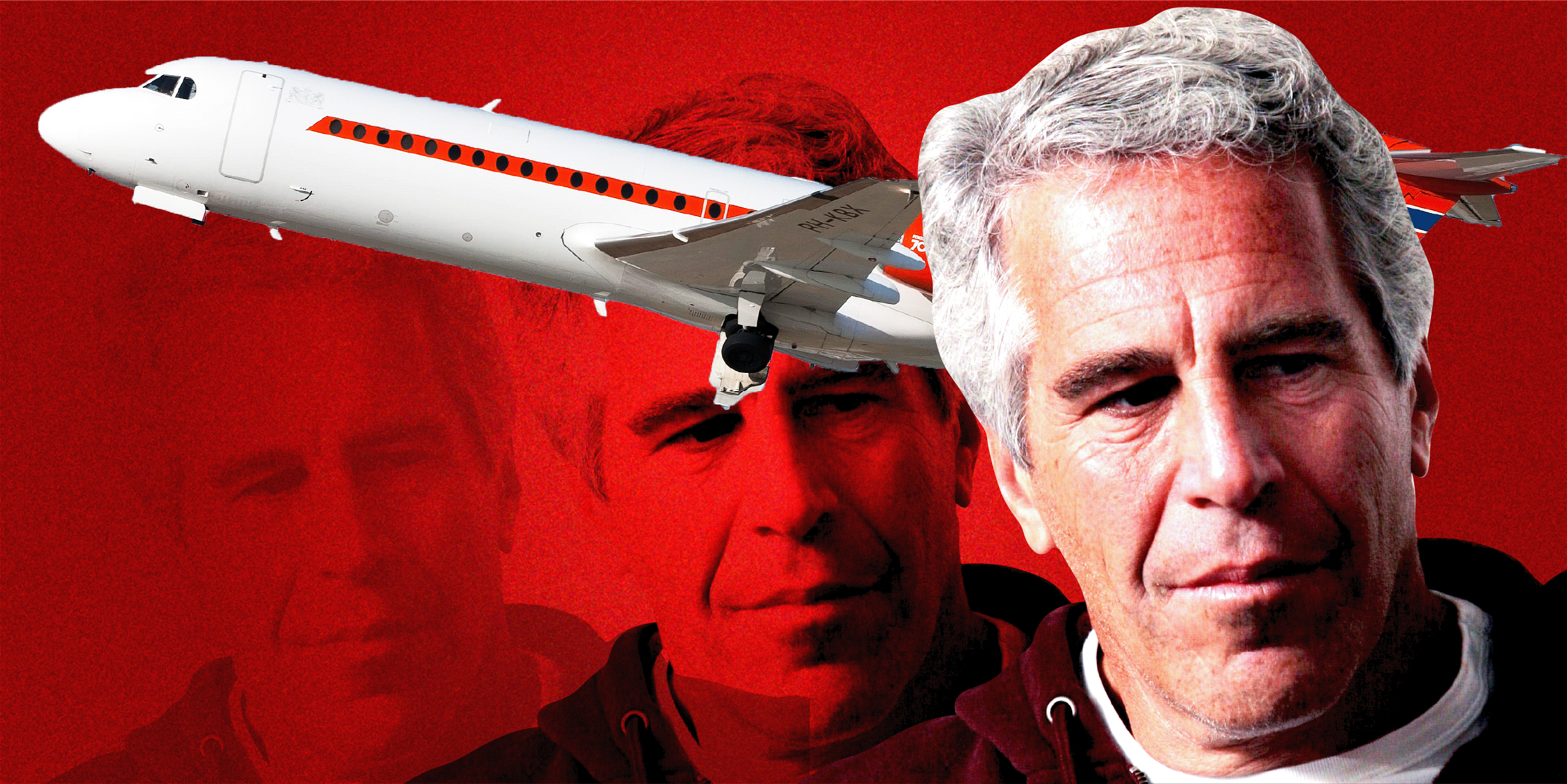 Jeffrey Epstein repeated three times in front of an airplane on a red background.