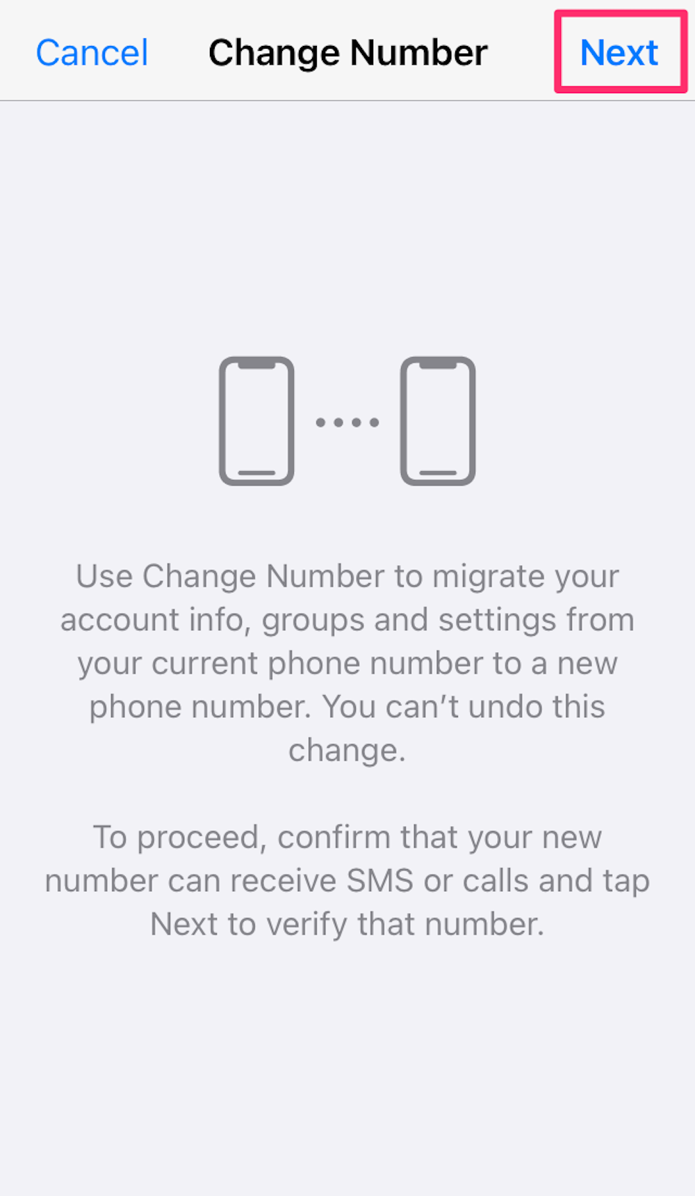 Screenshot of the screen that appears after selecting the change number option in WhatsApp