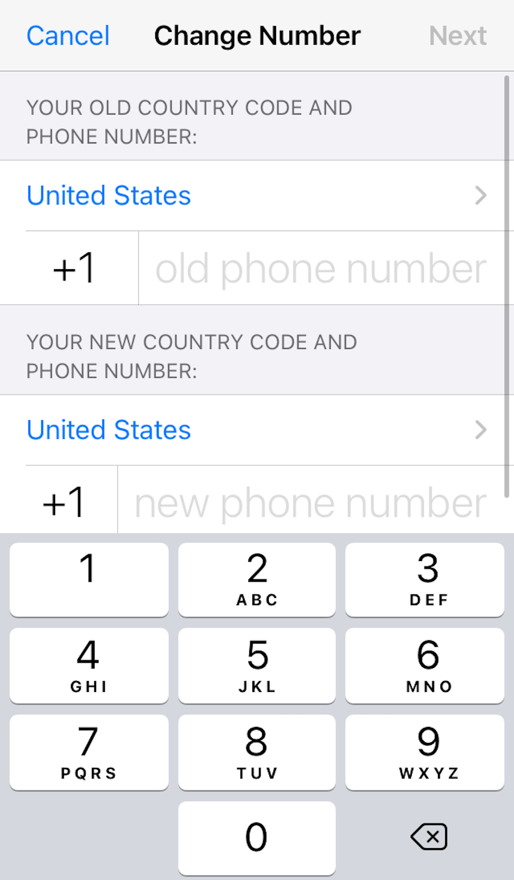 Screenshot of the number updating screen in WhatsApp