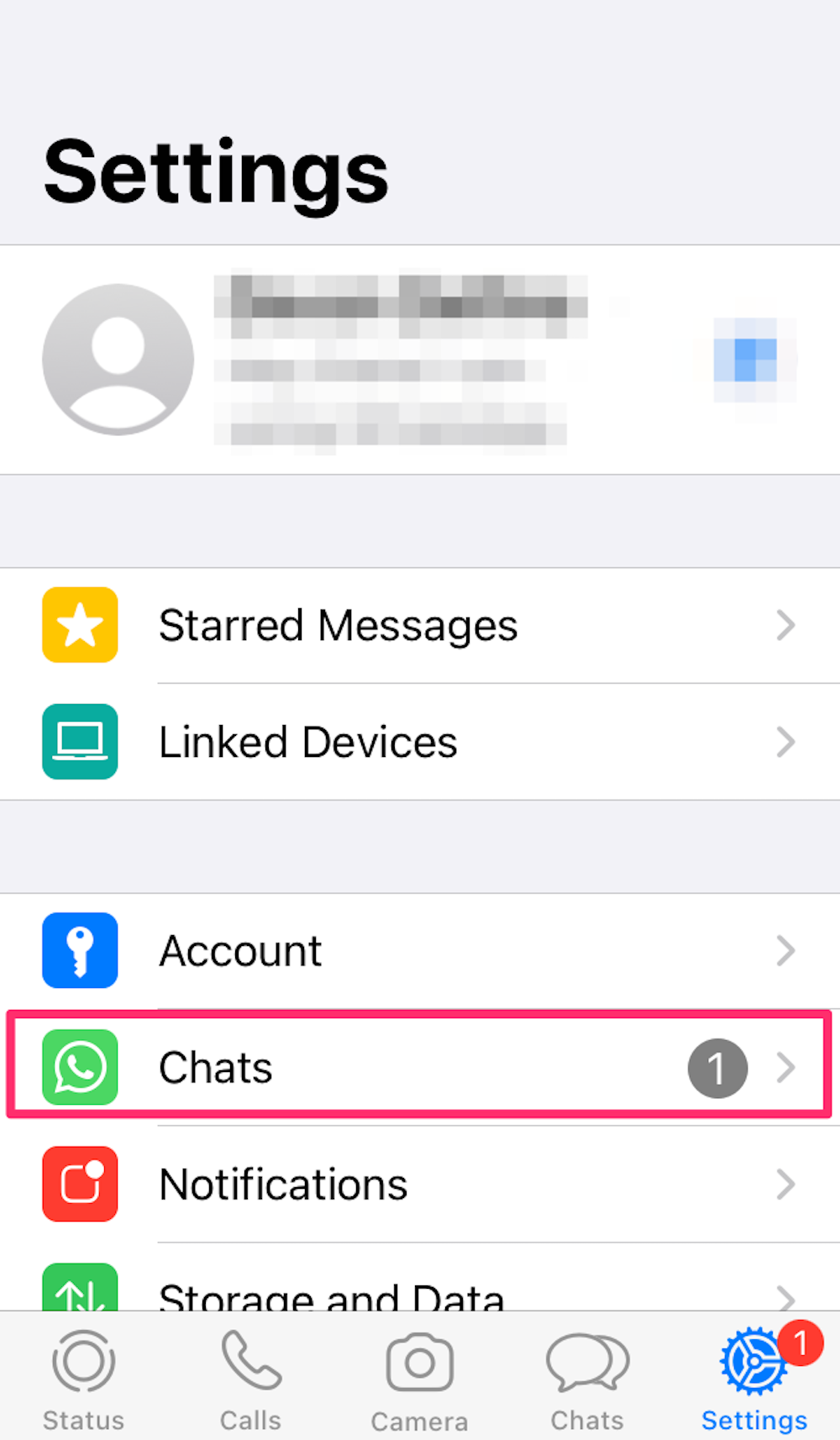 Screenshot of the settings section of WhatsApp, as taken on an iPhone