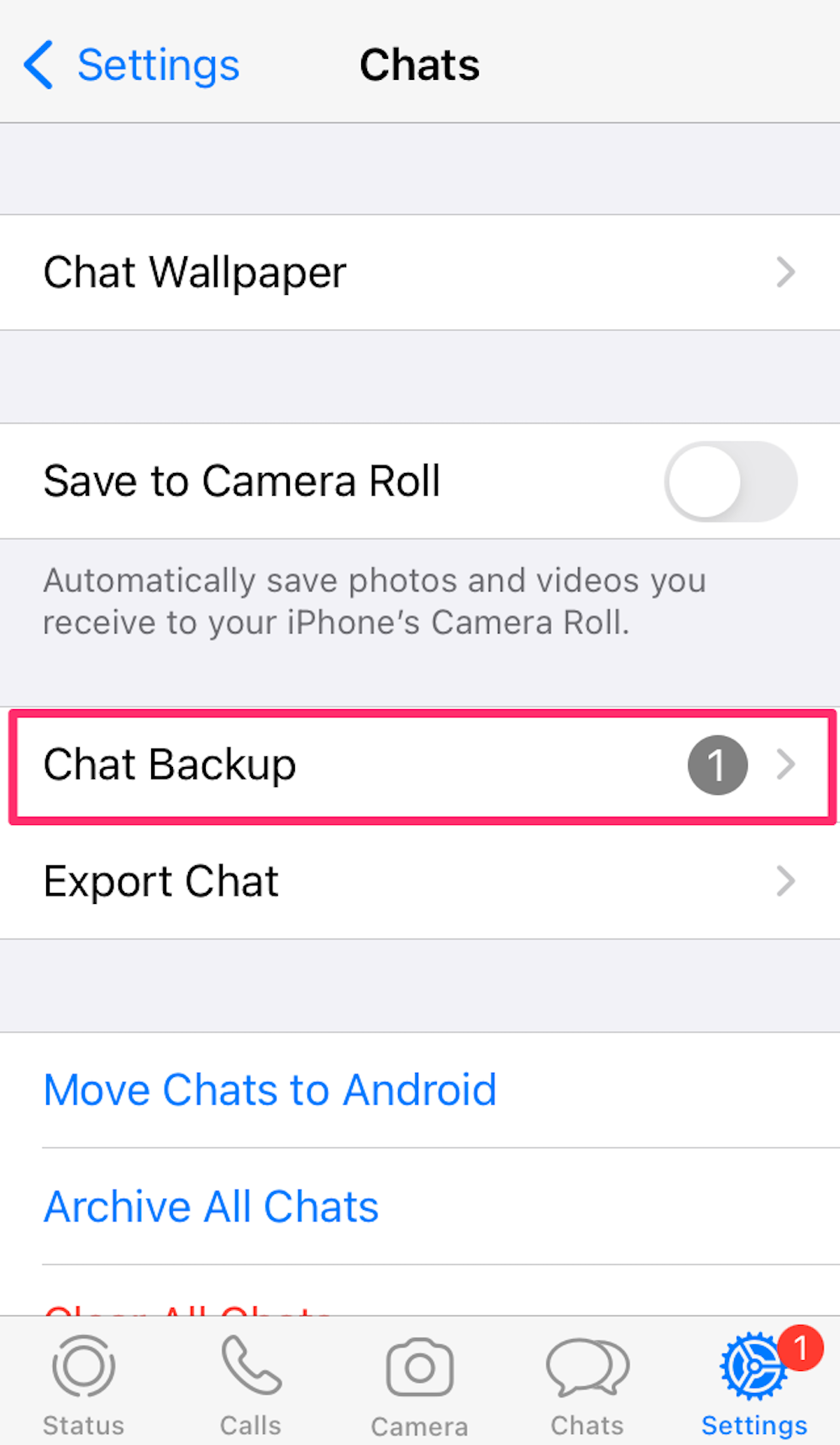 Screenshot of the Chats section of WhatsApp's settings